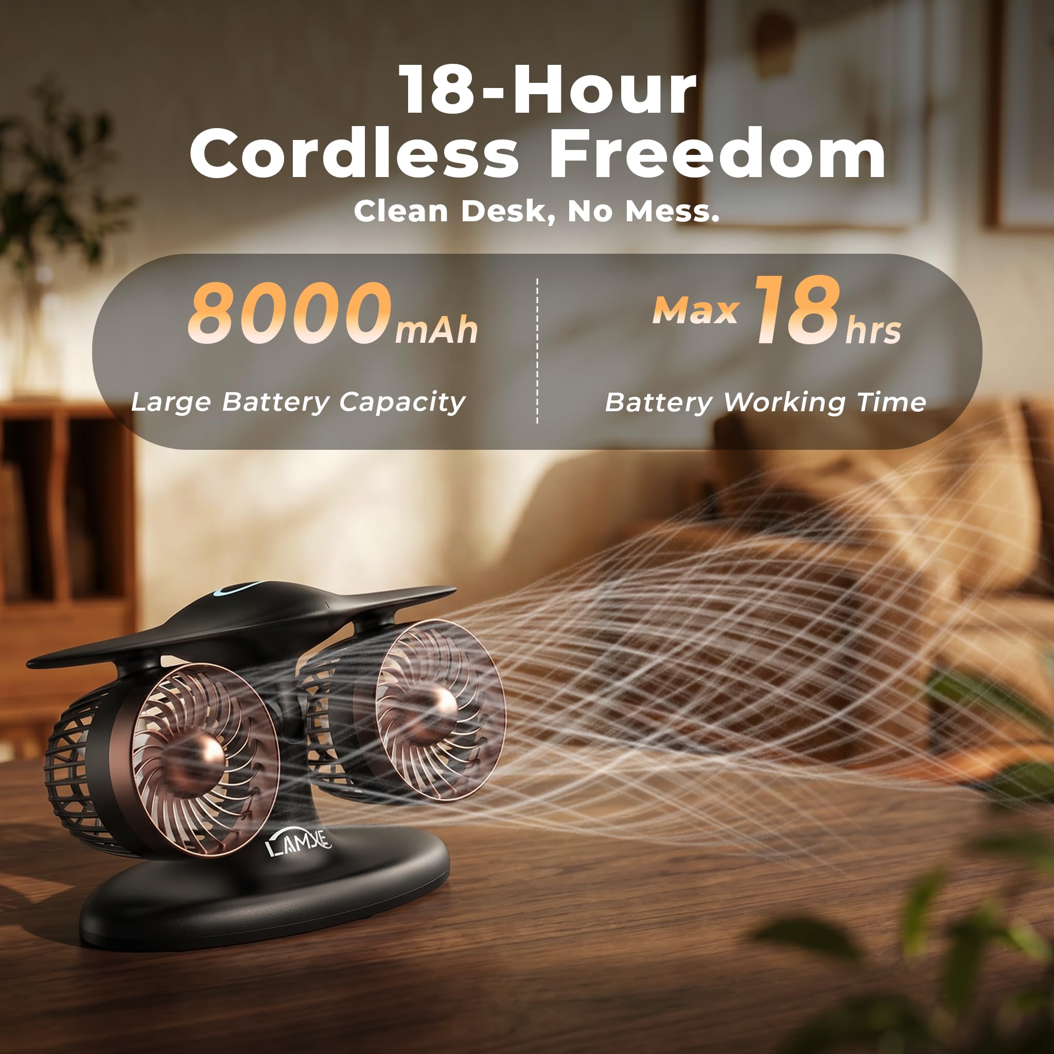 LAMJIE Jet Engine Desk Fan for Office, Rechargeable Table Fan Gif by LAMJIE - Angle View 4