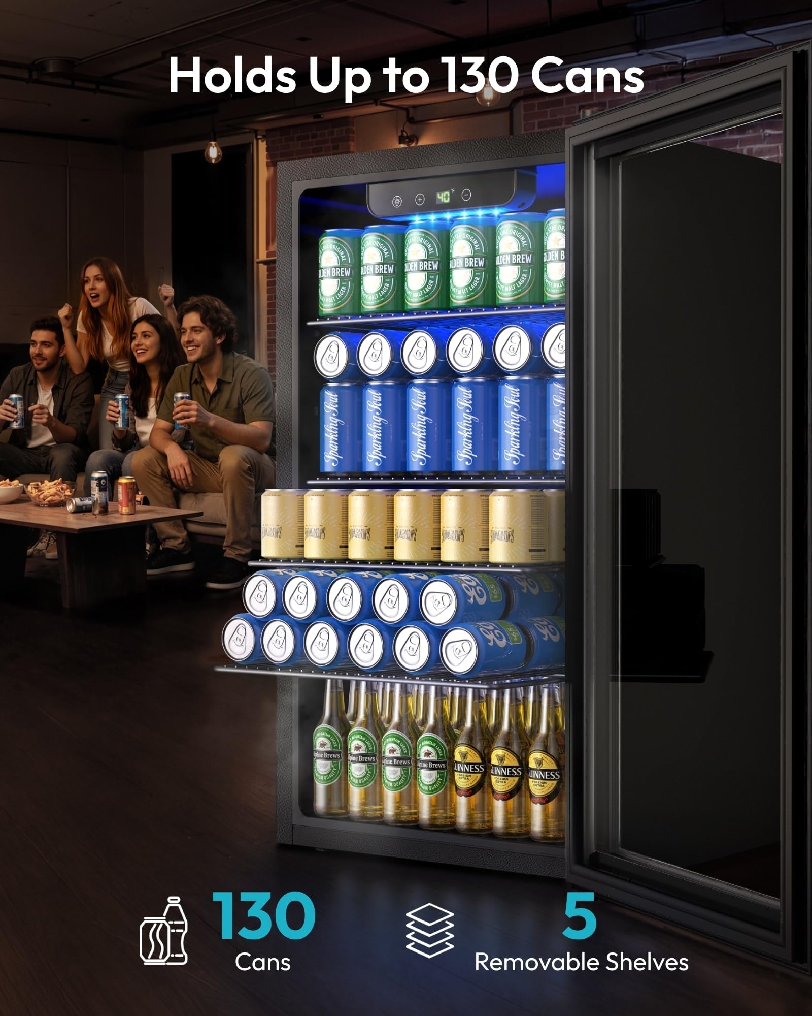 EUHOMY 130 Can Mini Fridge, Beverage Refrigerator with Glass Door, Black - EUHOMY Official Product View 4