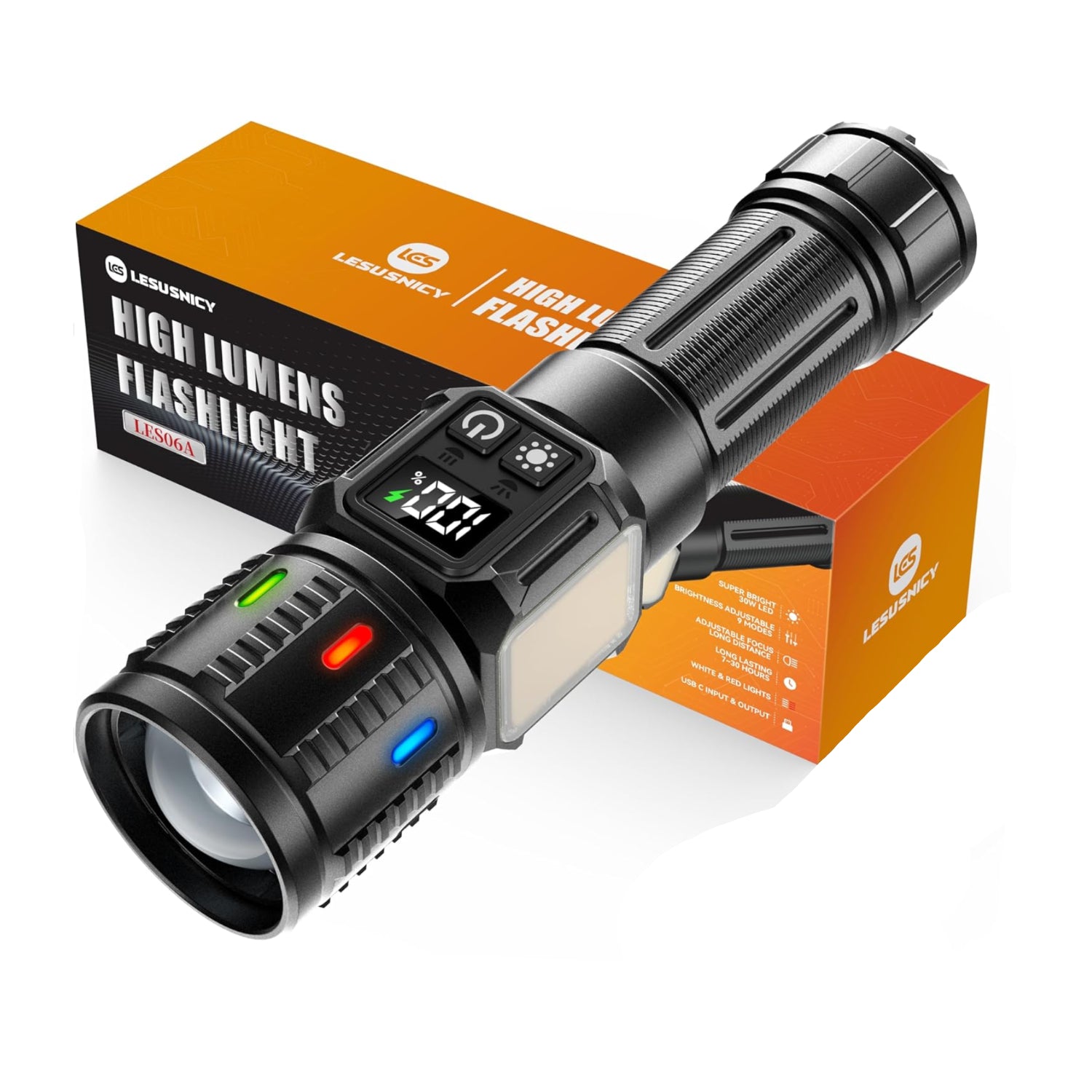 Lesusnicy rechargeable LED flashlight with high 100,000 lumens, super bright beam, black handheld flashlight for outdoor use.