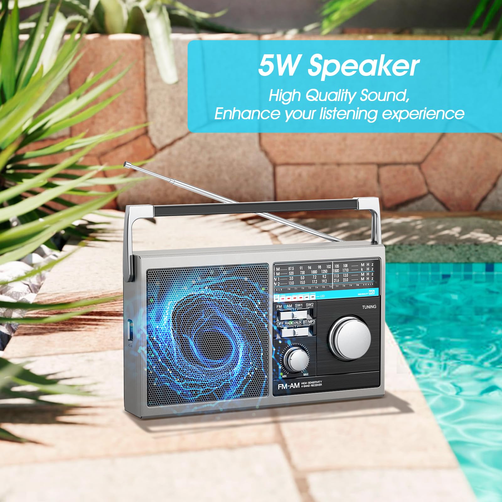 Yewrich Portable AM FM Shortwave Radio with Bluetooth, Gray