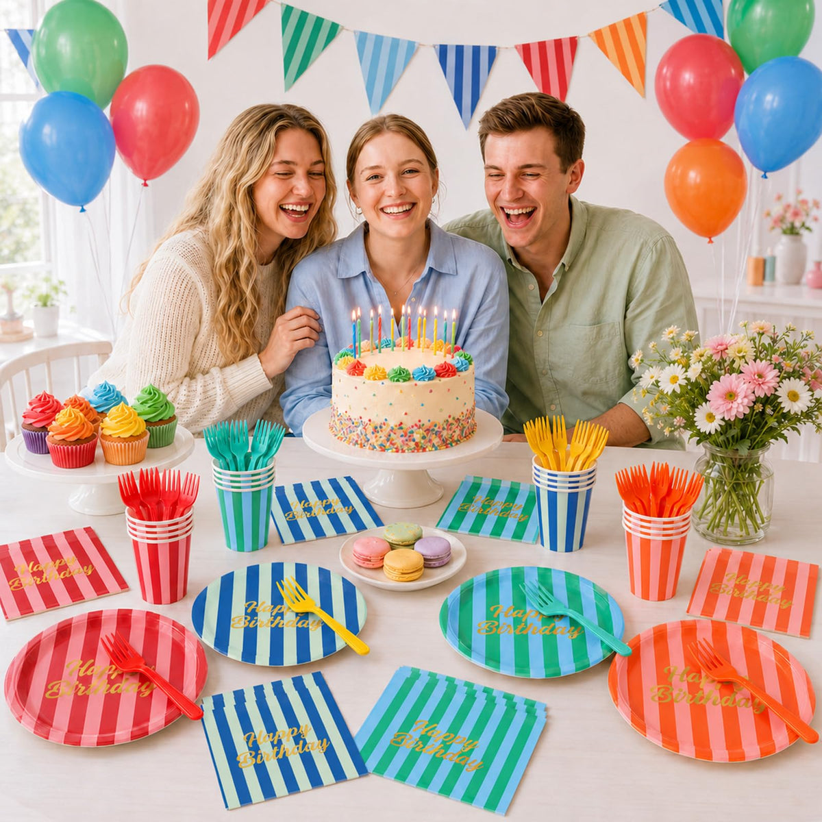 200Pcs Colorful Striped Birthday Party Supplies 7 Paper - Afniimyapt Official Imagery - 3
