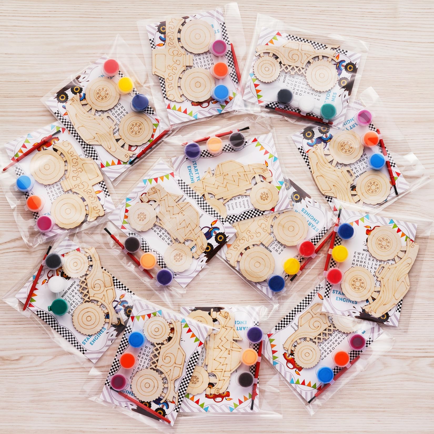 24 Pack Monster Truck Party Favors, DIY Wood Painting Craft Kit - Product Imagery