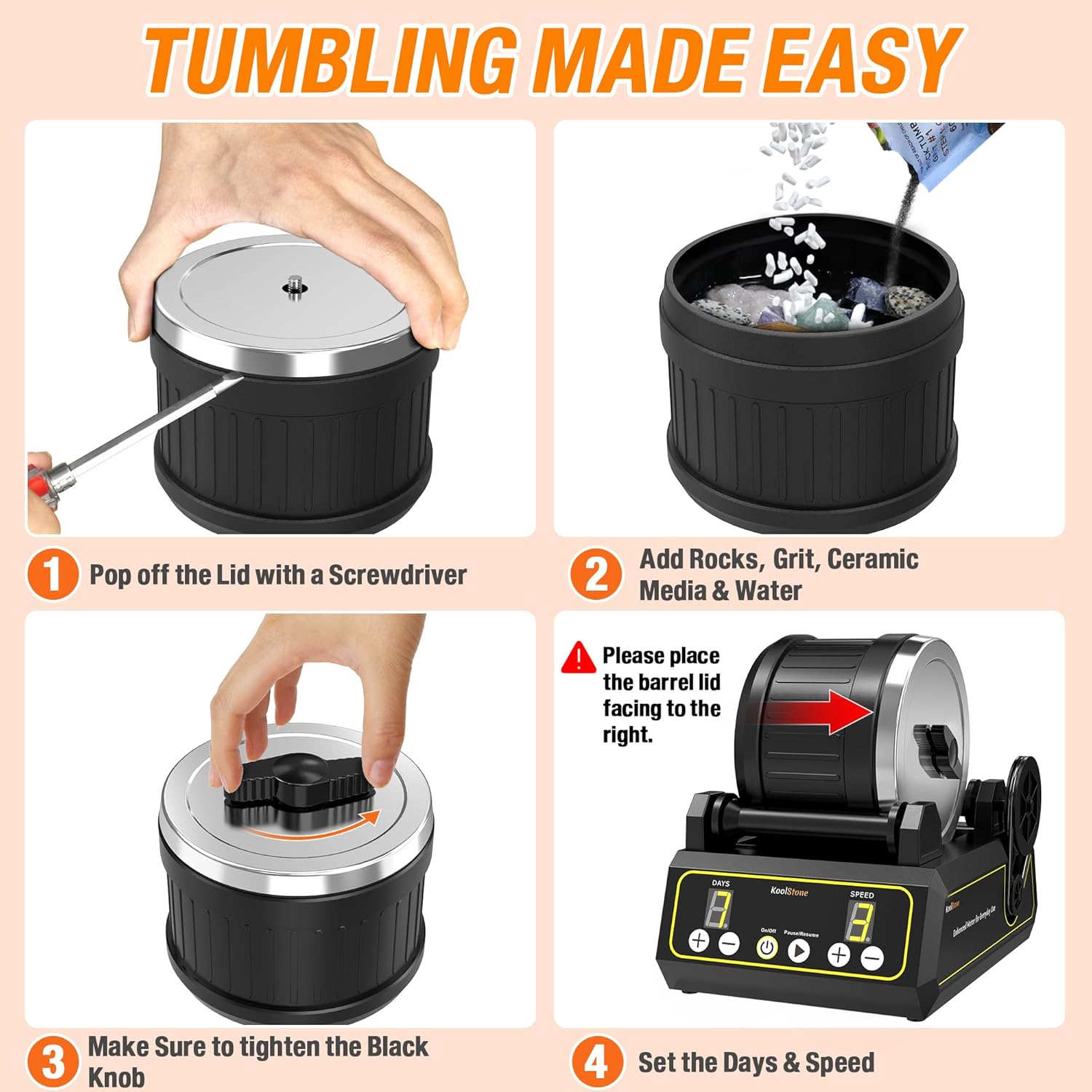 KoolStone C1 Rock Tumbler Kit with 2.5LB capacity, professional large model, designed for noise reduction and efficient rock polishing.