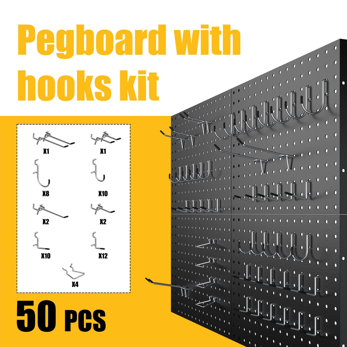 Peg Board 4 Pack Metal Black Pegboard Panels with 50 Hooks - Spampur Official Imagery - 6