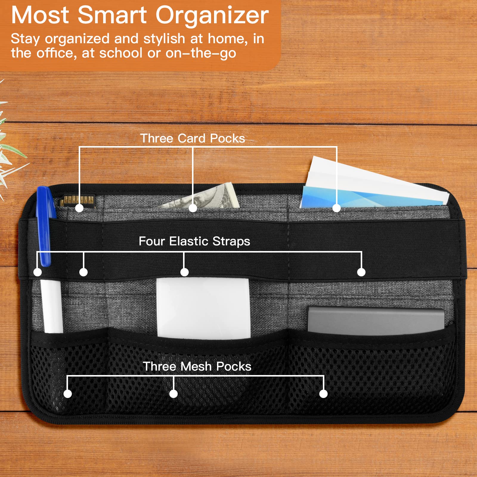 Gray Homakover portable tech organizer caddy attached to laptop, holding cables, mouse, power bank, USB adapters, and chargers.