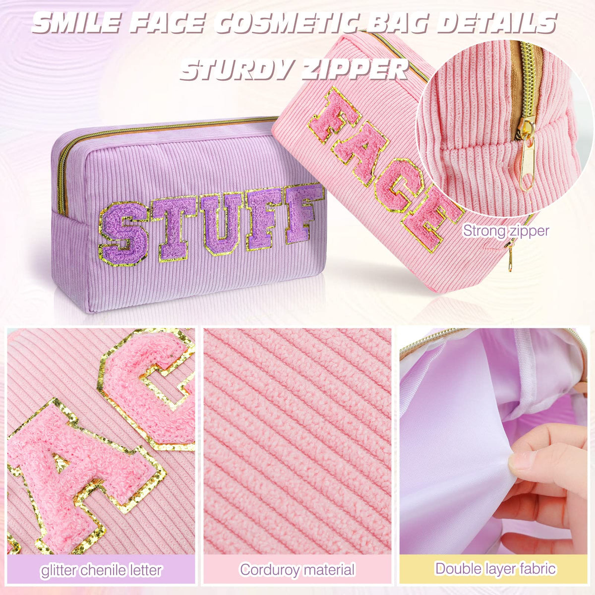 4 Preppy Chenille Letter Makeup Bags Purple Pink White Green - Pinkunn Official Imagery - 6