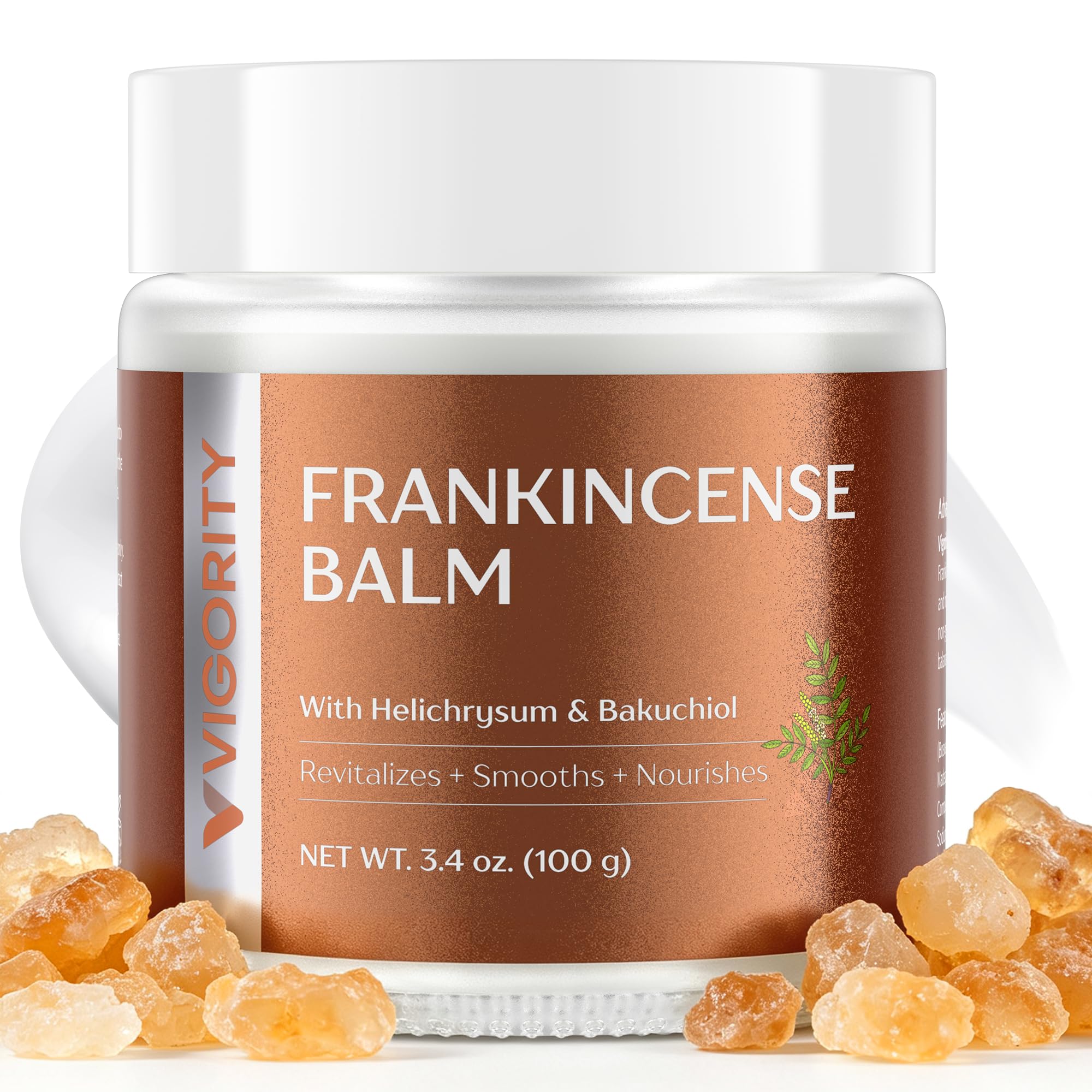 Vigority Frankincense Balm for mature skin in a 3.4 oz jar, nourishing skin moisturizer with natural frankincense extract.