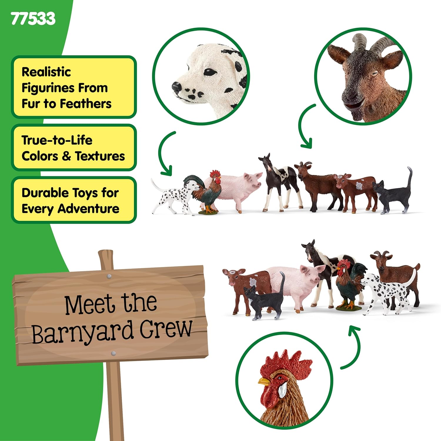 Schleich Farm World 7-piece farm animal playset including dog, cat, pig, goat, and rooster with realistic farm animal figures.