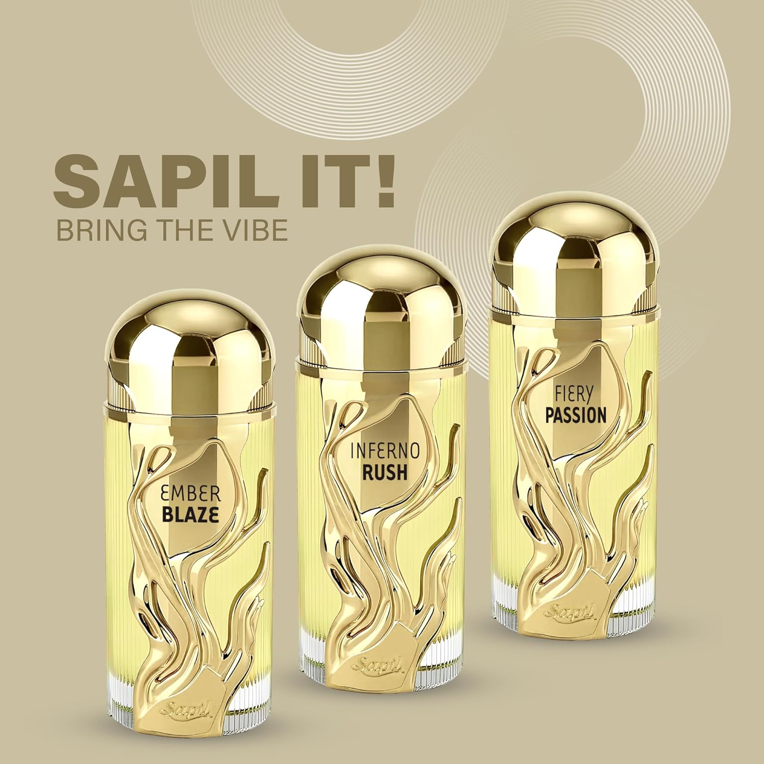 Sapil Inferno Rush unisex Eau de Parfum with bold fruity woody scent featuring mango notes and modern fragrance design.
