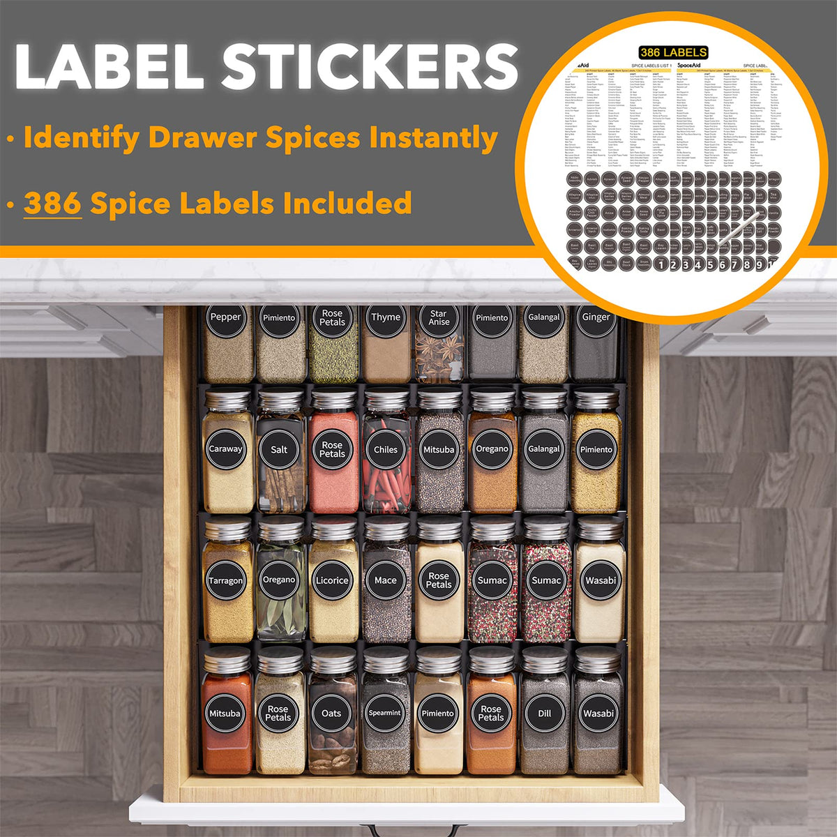 SpaceAid Spice Drawer Organizer with 32 Spice Jars 386 Spice - SpaceAid Official Imagery - 5