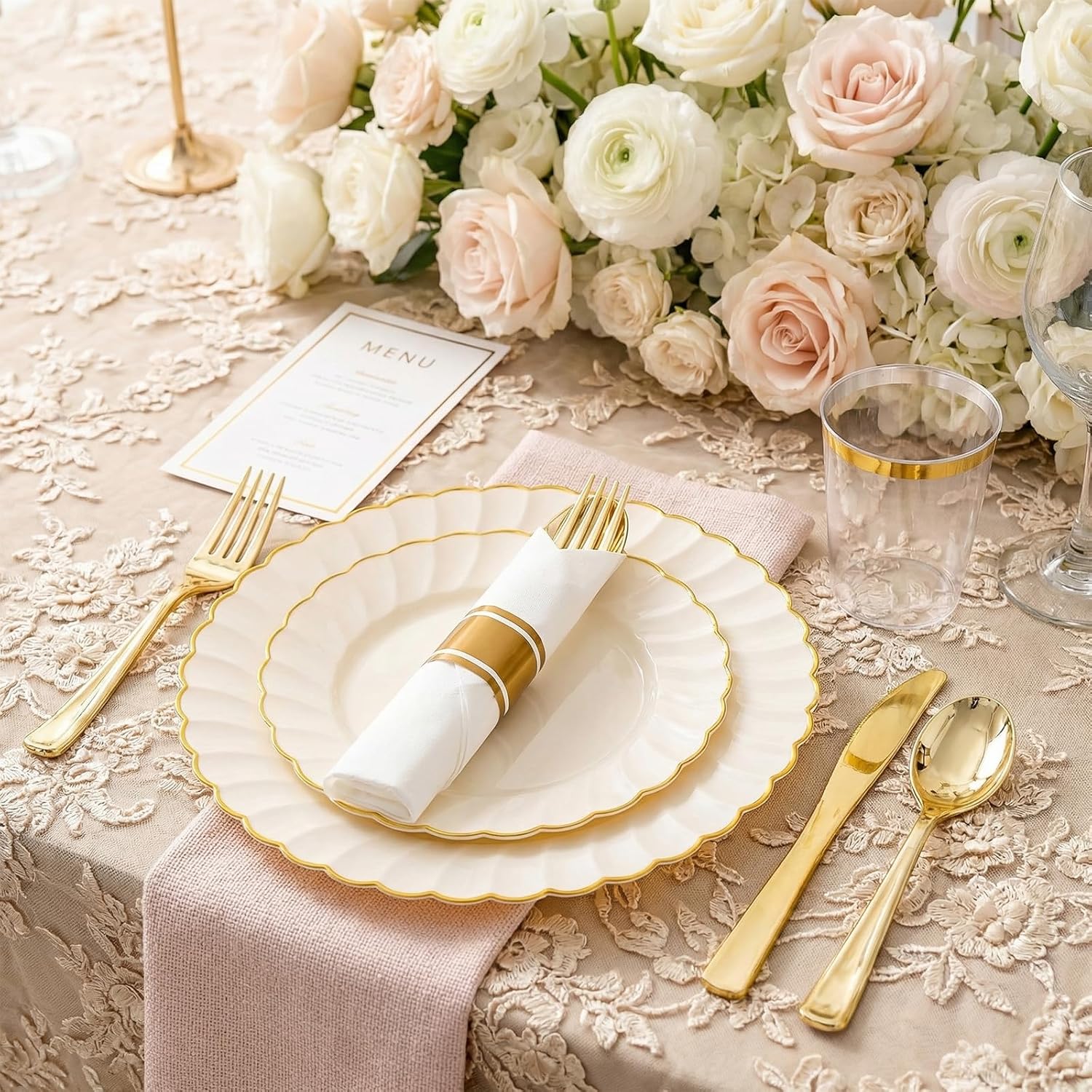 Set of 350 ivory scalloped plastic plates with gold trim by YOUBET, ideal for disposable party tableware