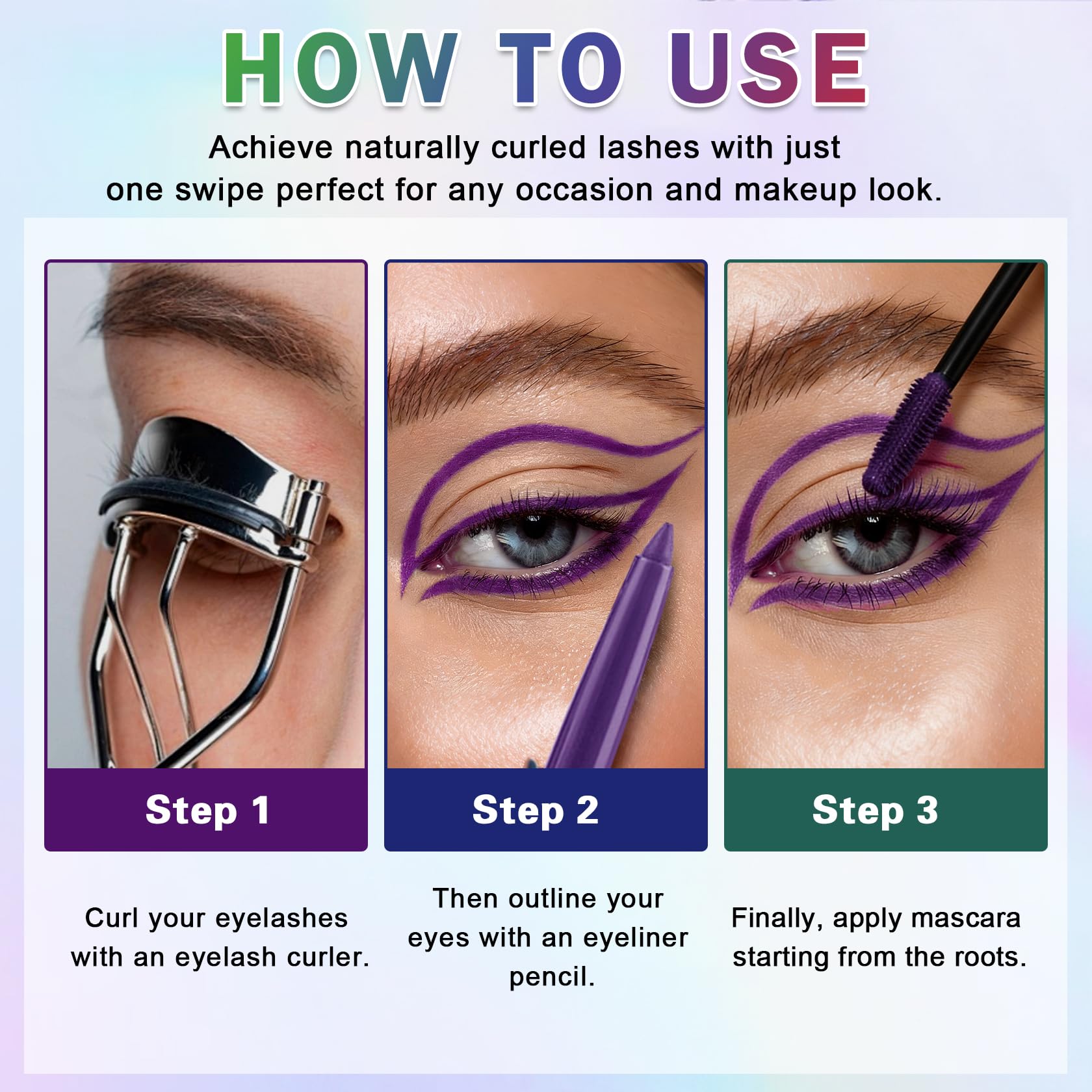 Rosawee 5D Blue Waterproof Mascara showing long, voluminous lashes with vibrant blue color for bold eye makeup.