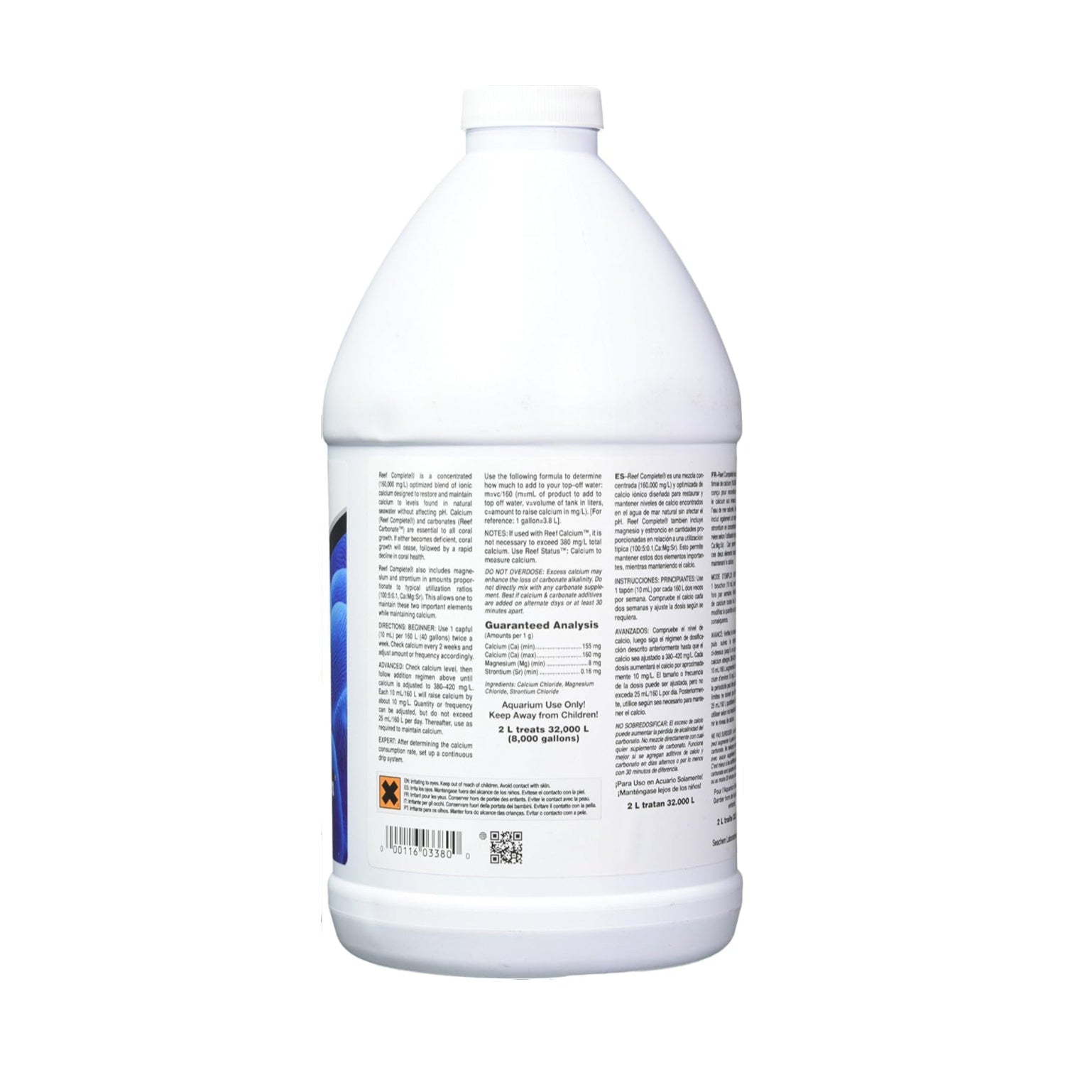 Seachem Reef Complete 2L bottle of marine supplement with a white and blue label, used for reef aquarium calcium and mineral support.