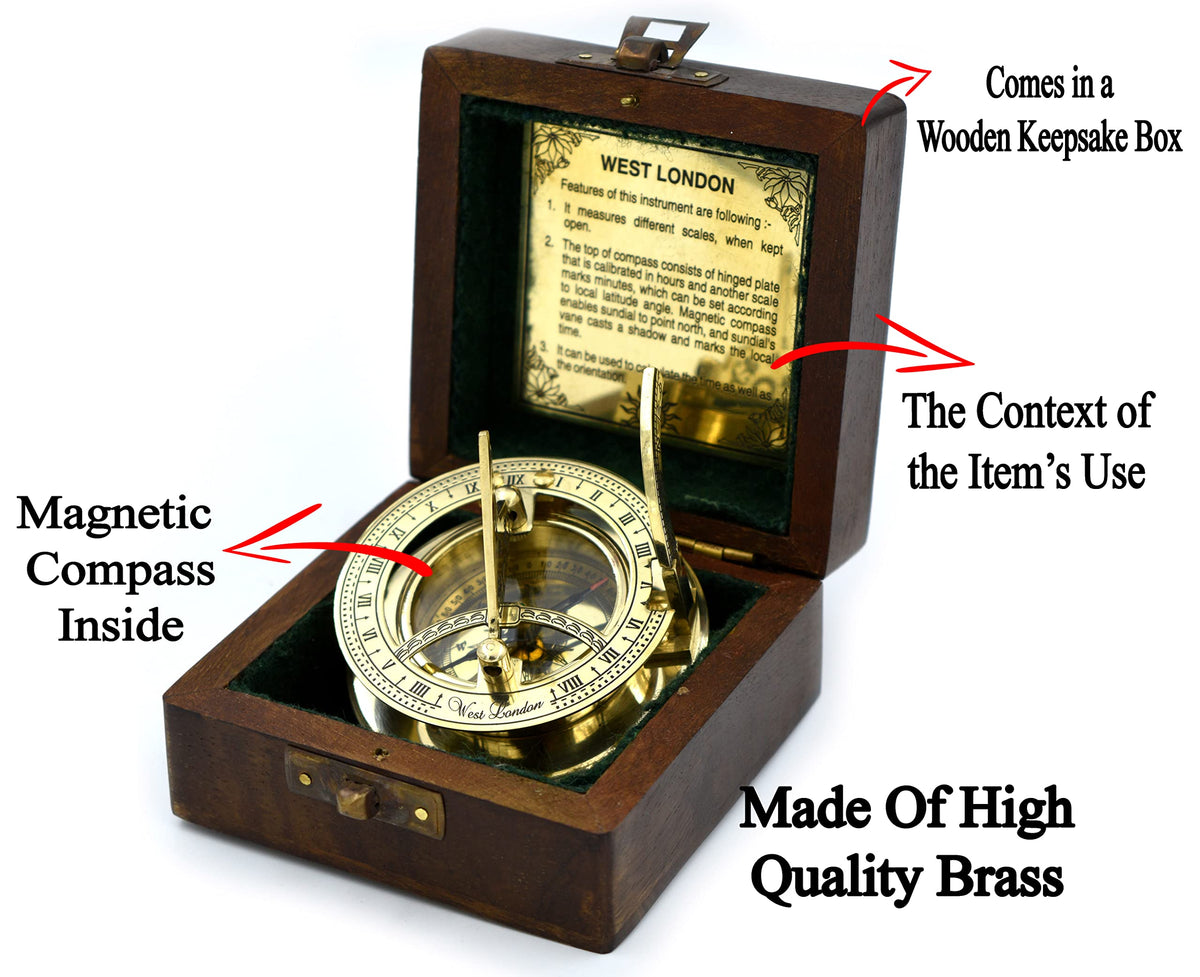 SARA NAUTICAL Antique Brass Sundial Compass Sundial Clock in - SARA NAUTICAL Official Imagery - 4