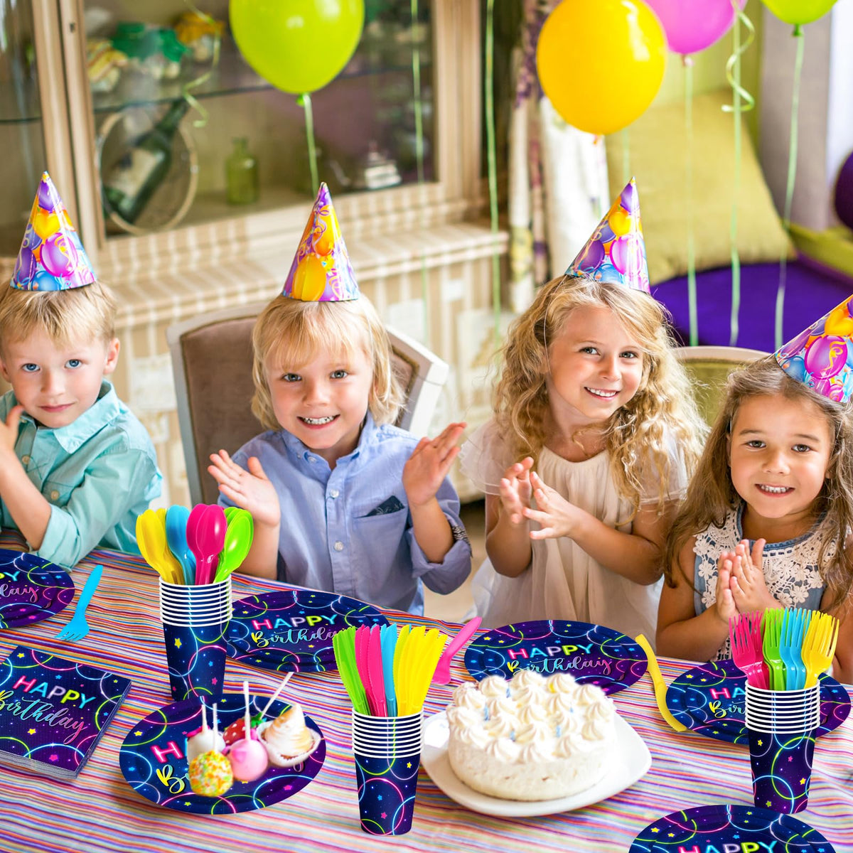 Meanplan 168 Pcs Neon Glow Birthday Party Tableware Set for - Meanplan Official Imagery - 8