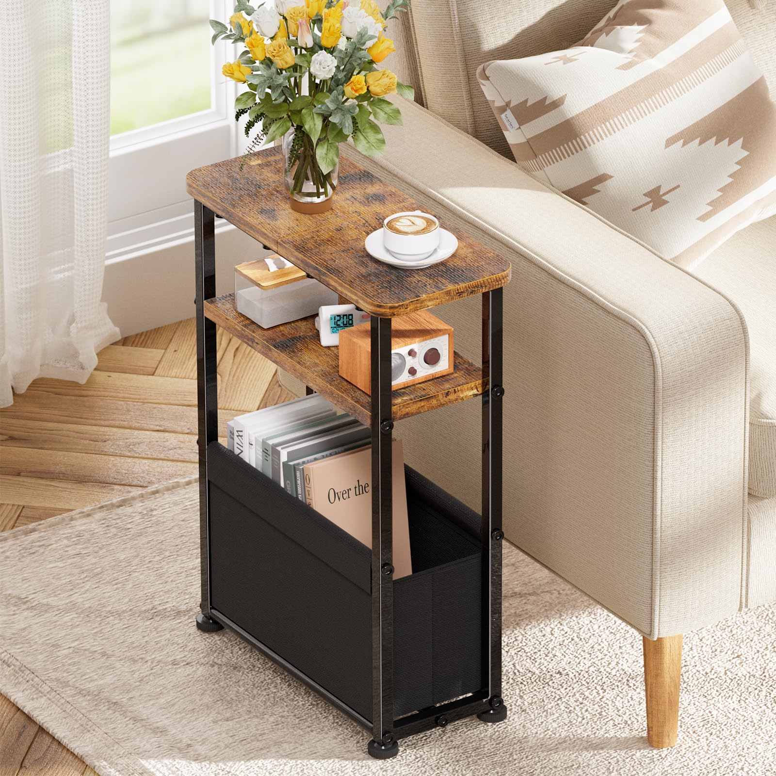 Simple Trending Side Table, 3-Tier Modern End Table with Fabric Basket - View 1