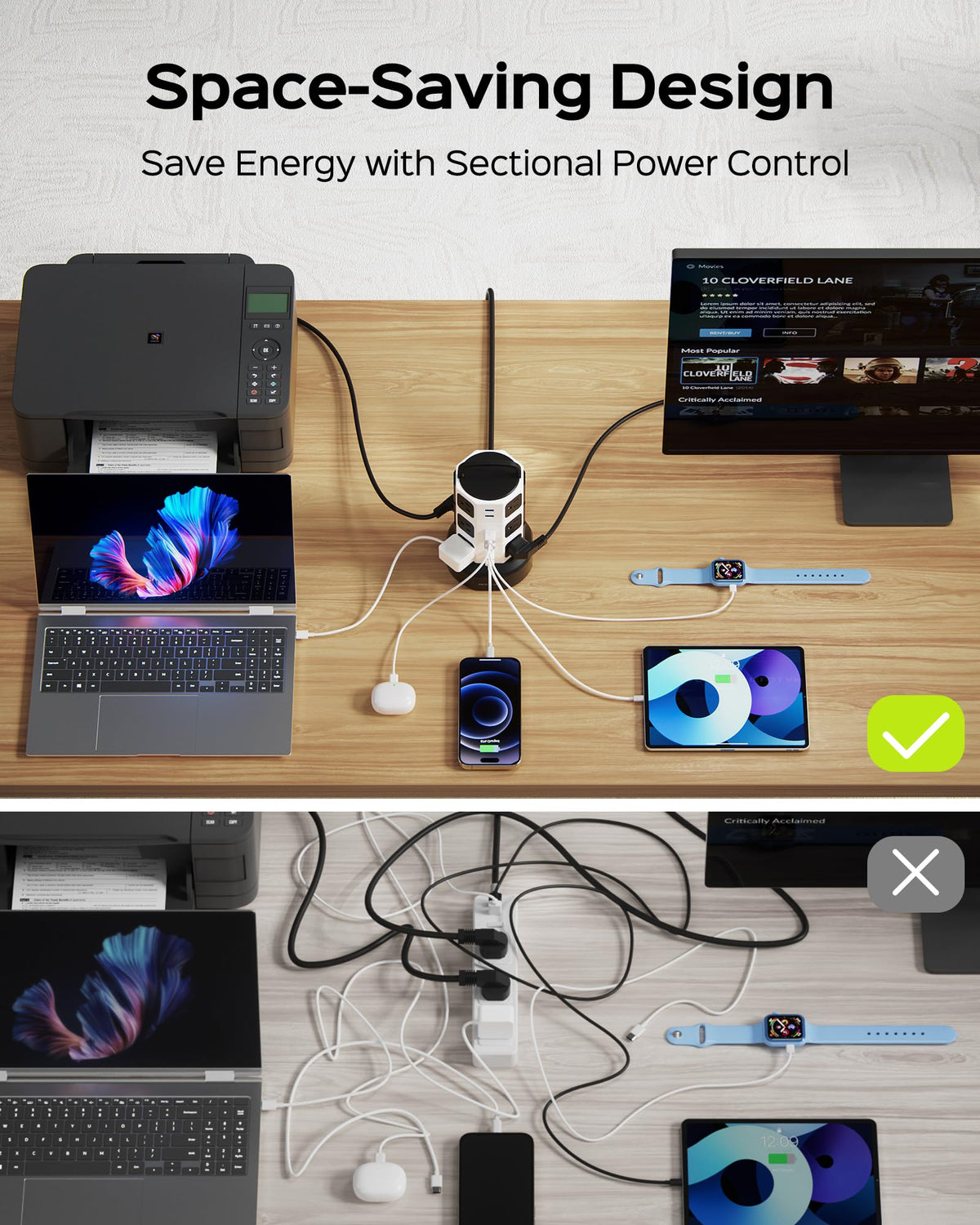 JACKYLED Power Strip Tower Surge Protector 12 AC 6 USB 1050J - JACKYLED Official Imagery - 8