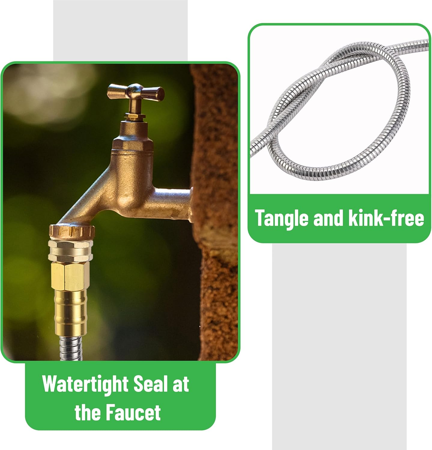 UNCO 25ft stainless steel garden hose with no kink design, flexible metal construction, ideal for outdoor watering and gardening.