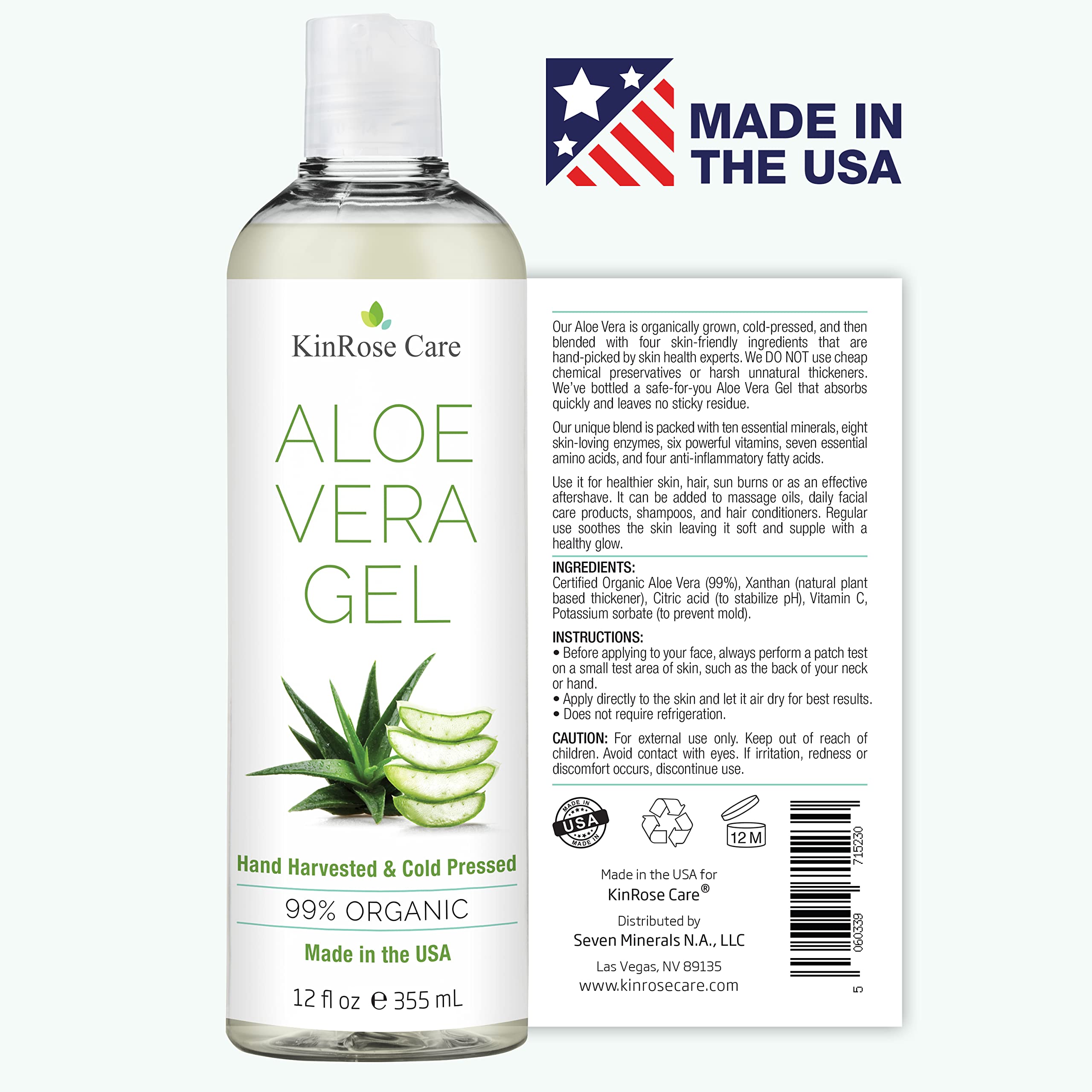 KinRose Care 12oz Pure Aloe Vera Gel – Face, Skin & Hair