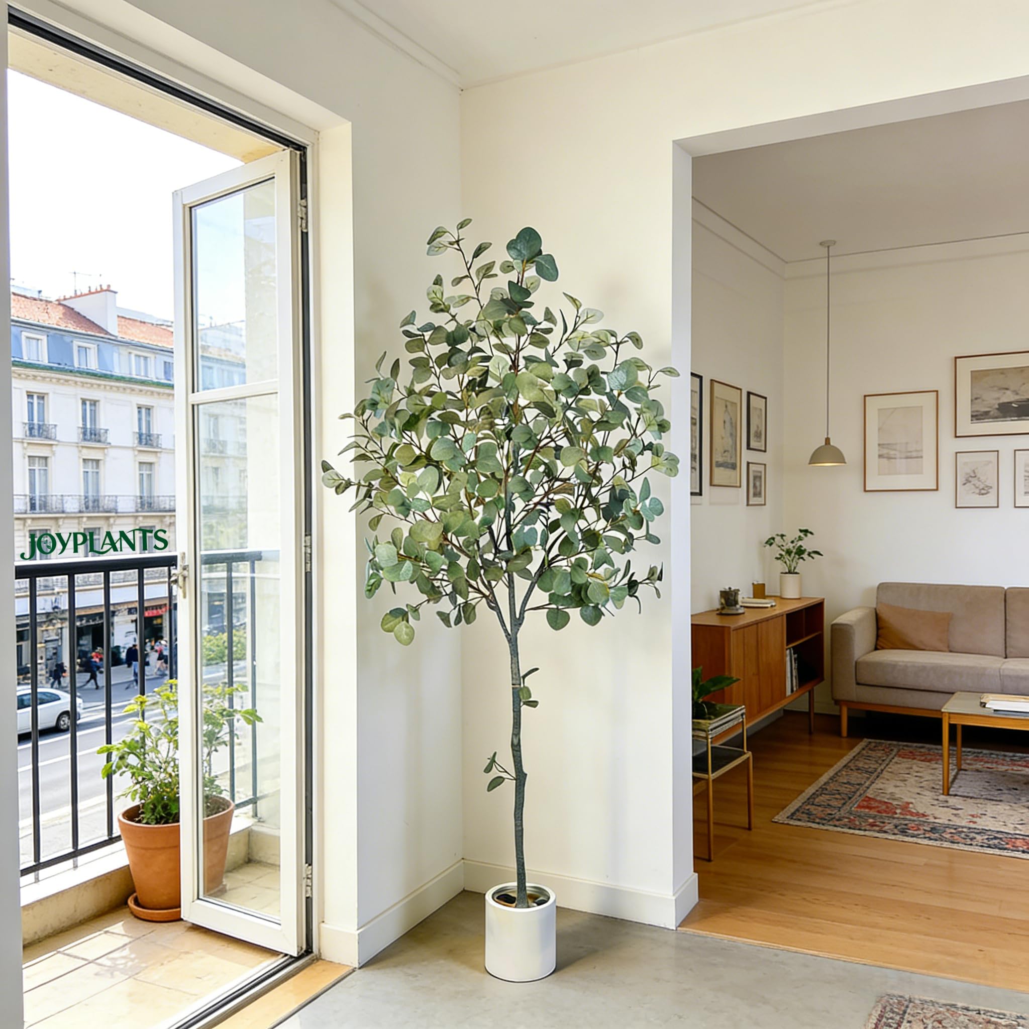 Joyplants 6ft artificial eucalyptus tree with lifelike silver dollar silk leaves, realistic faux plant for home decor.