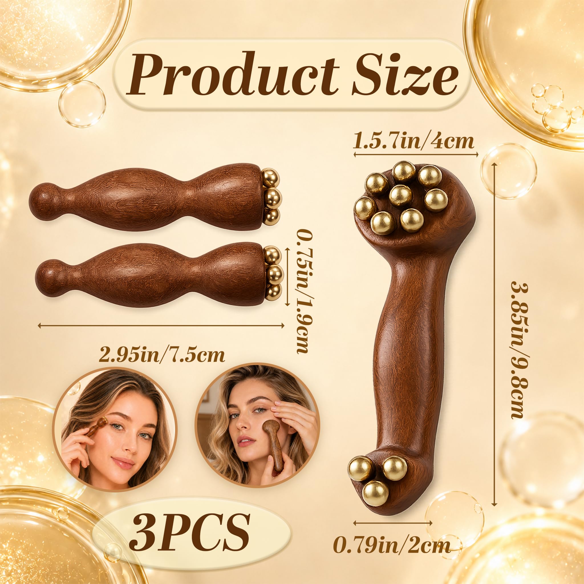 Sandalwood Hot and Cold Therapy Roller and Dual End Eye Massage Tool, Lymphatic Massager with Thermal Conductive Copper Beads for Puffy Eyes and TMJ Relief, Skincare Gifts for Women, 3Pcs Set