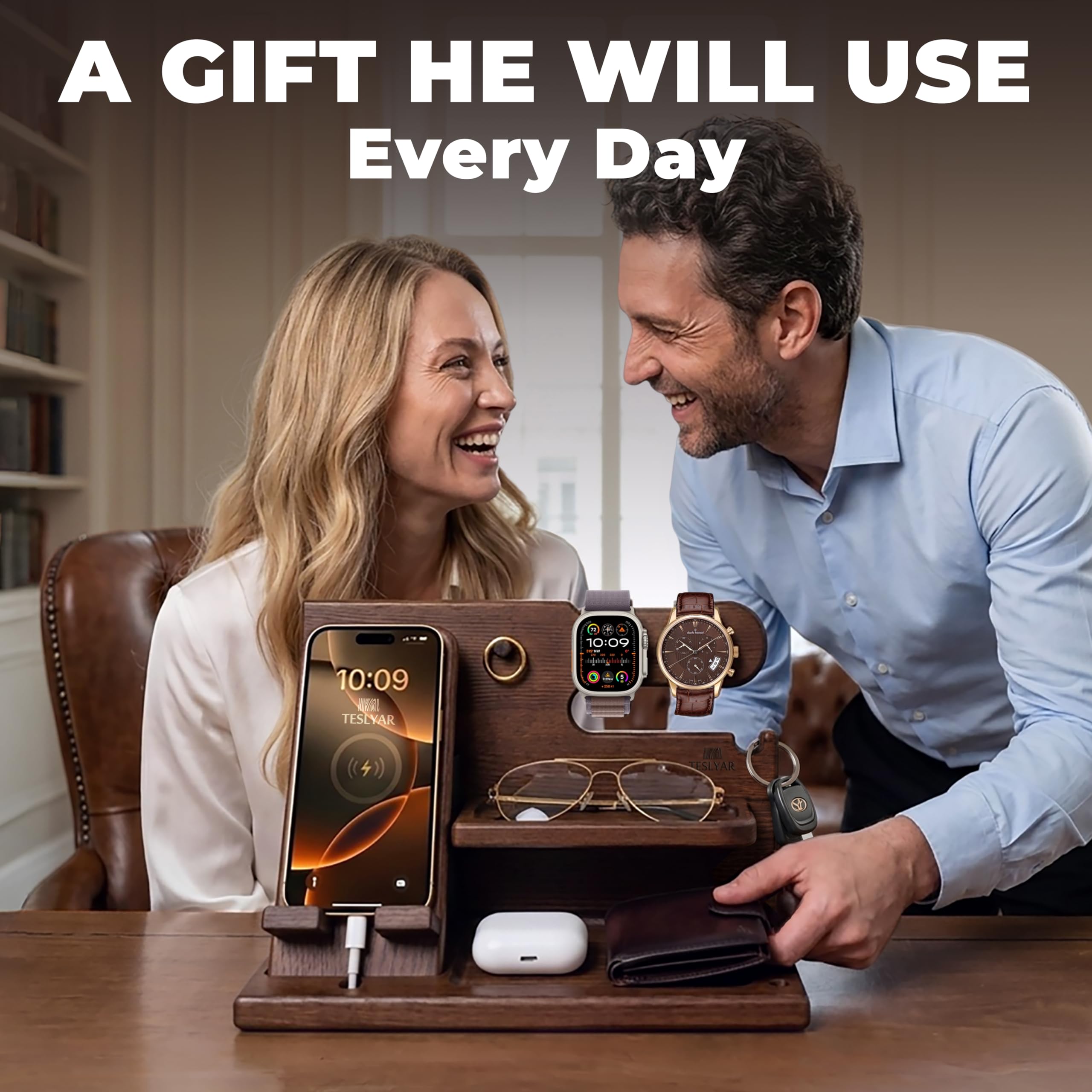 TESLYAR Wood Phone Docking Station for Men - Desk or Nightstand Organizer - Birt - TESLYAR Official Product View 2