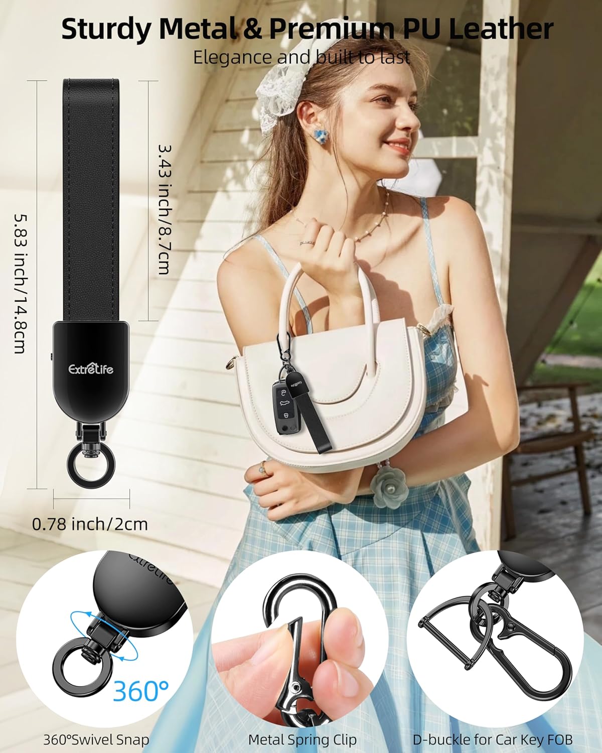 Leather car keychain by ExtreLife compatible with Apple Find My, featuring a sleek design for women and men.