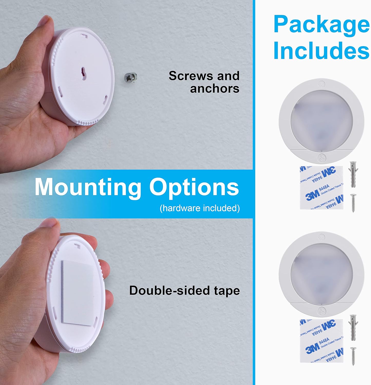 GE wireless LED tap lights, battery-operated touch-activated puck lights emitting 20 lumens, 2-pack for easy lighting.