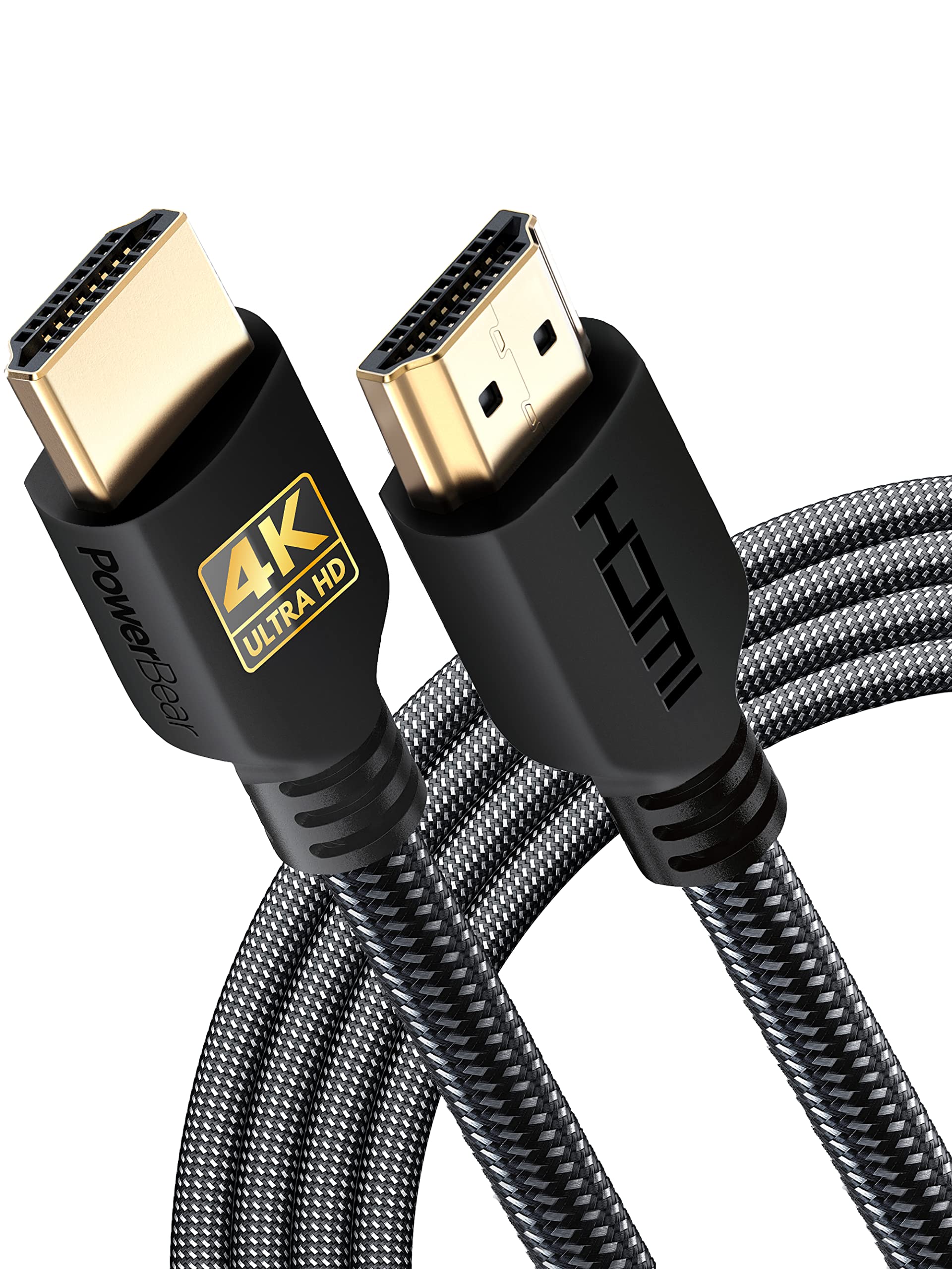 PowerBear 4K HDMI cable 10 ft with braided nylon, gold connectors, supports 4K @ 60Hz, 1080P, ARC for laptops, gaming consoles, and TVs.