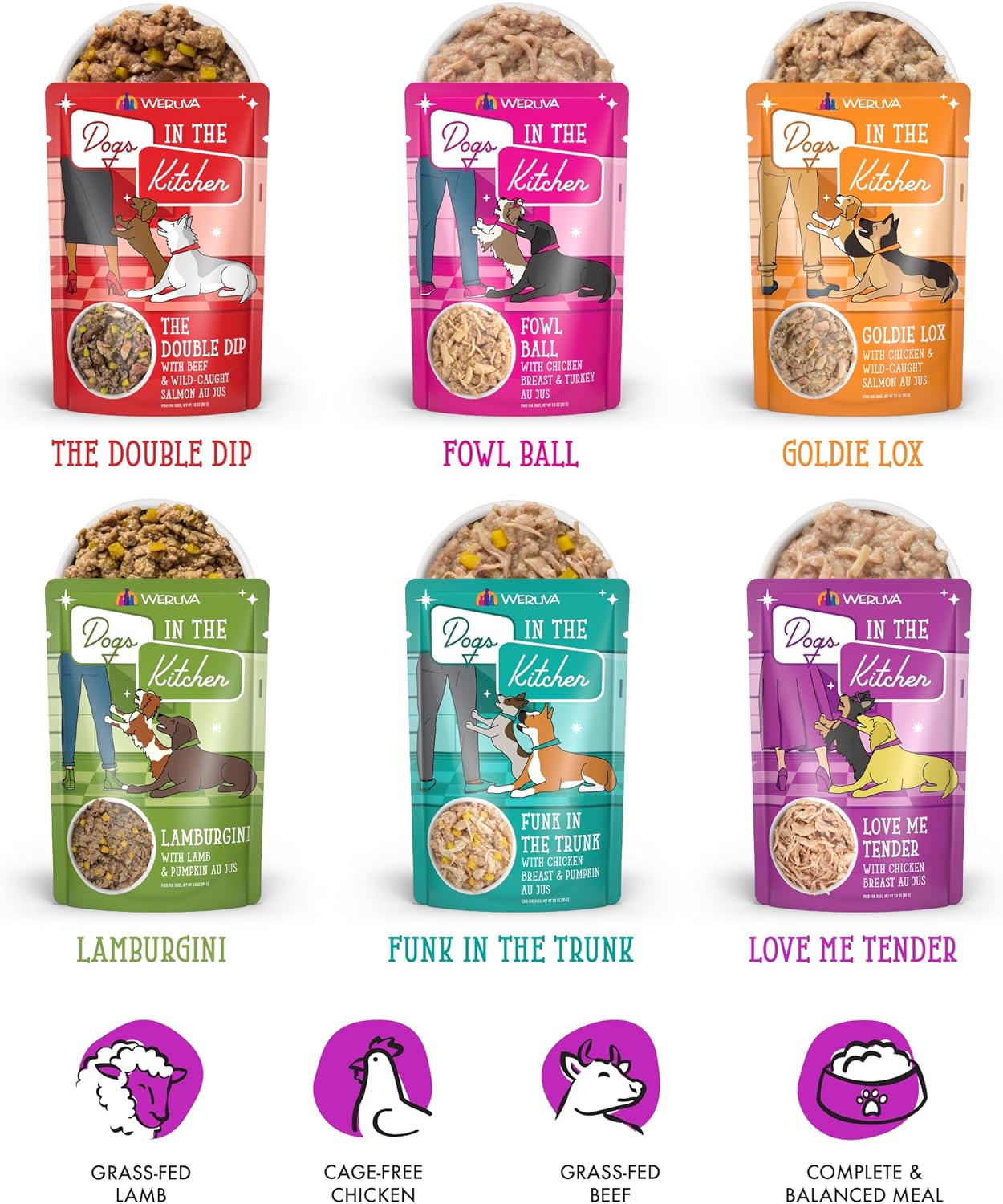 Weruva Dogs in The Kitchen Pooch Pouch Party! variety pack of 12 wet dog food pouches, 2.8 oz each, with colorful packaging.