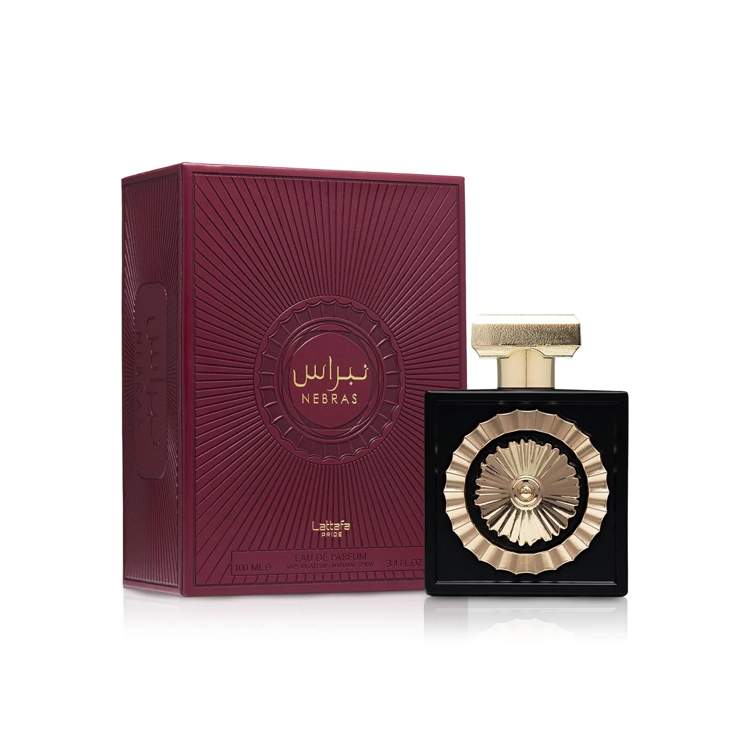 Lattafa Nebras unisex Eau de Parfum spray, 3.4 ounces, featuring a sleek bottle with elegant design and fragrance details.