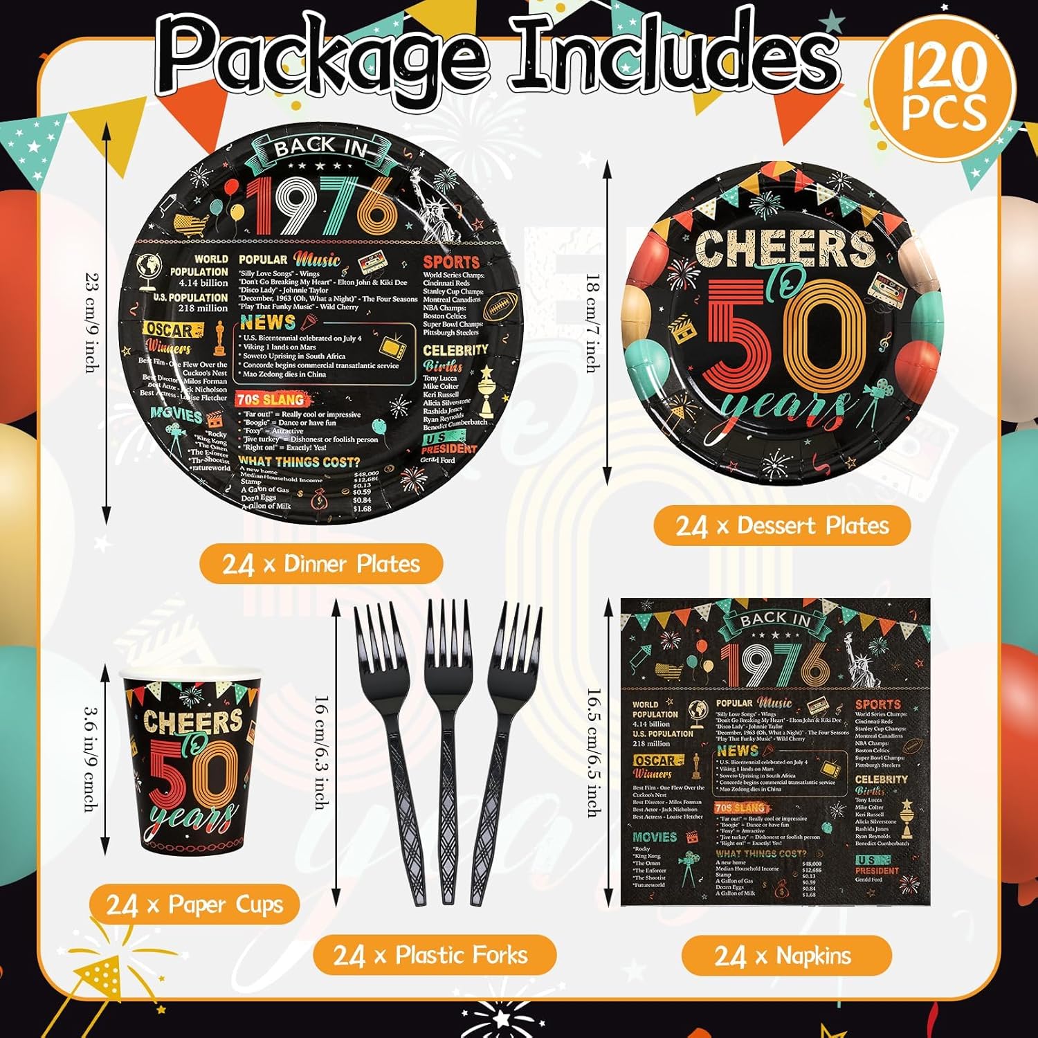 Set of 150 vintage 50th birthday party tableware including plates for serving 24 guests, by APUDWN.