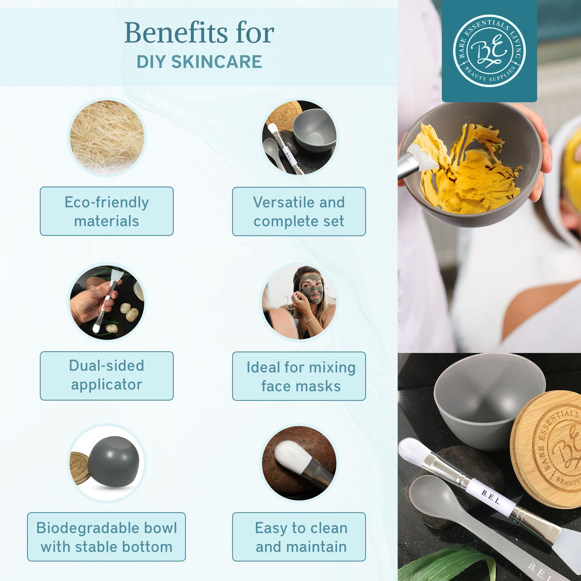 Clay Face Mask Mixing Bowl Set, Skin Care Kit Facial Bowls with - Bare Essentials Living