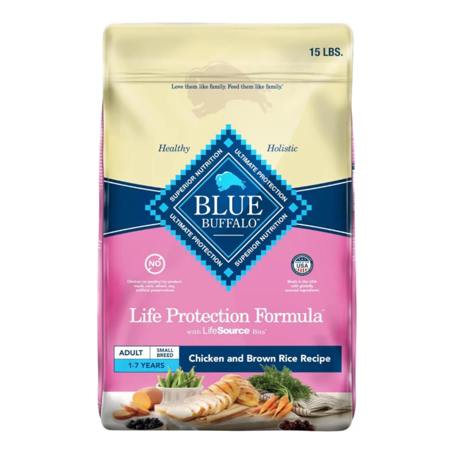 Blue Buffalo Life Protection Formula adult small breed dry dog food bag showing blue packaging and small breed size.
