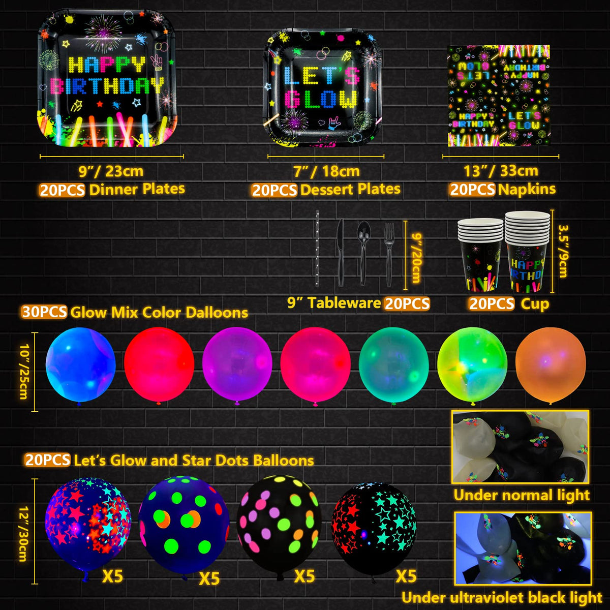 241 PCS Party Supplies Neon Glow Tableware Set - Dvaorc Official Imagery - 6