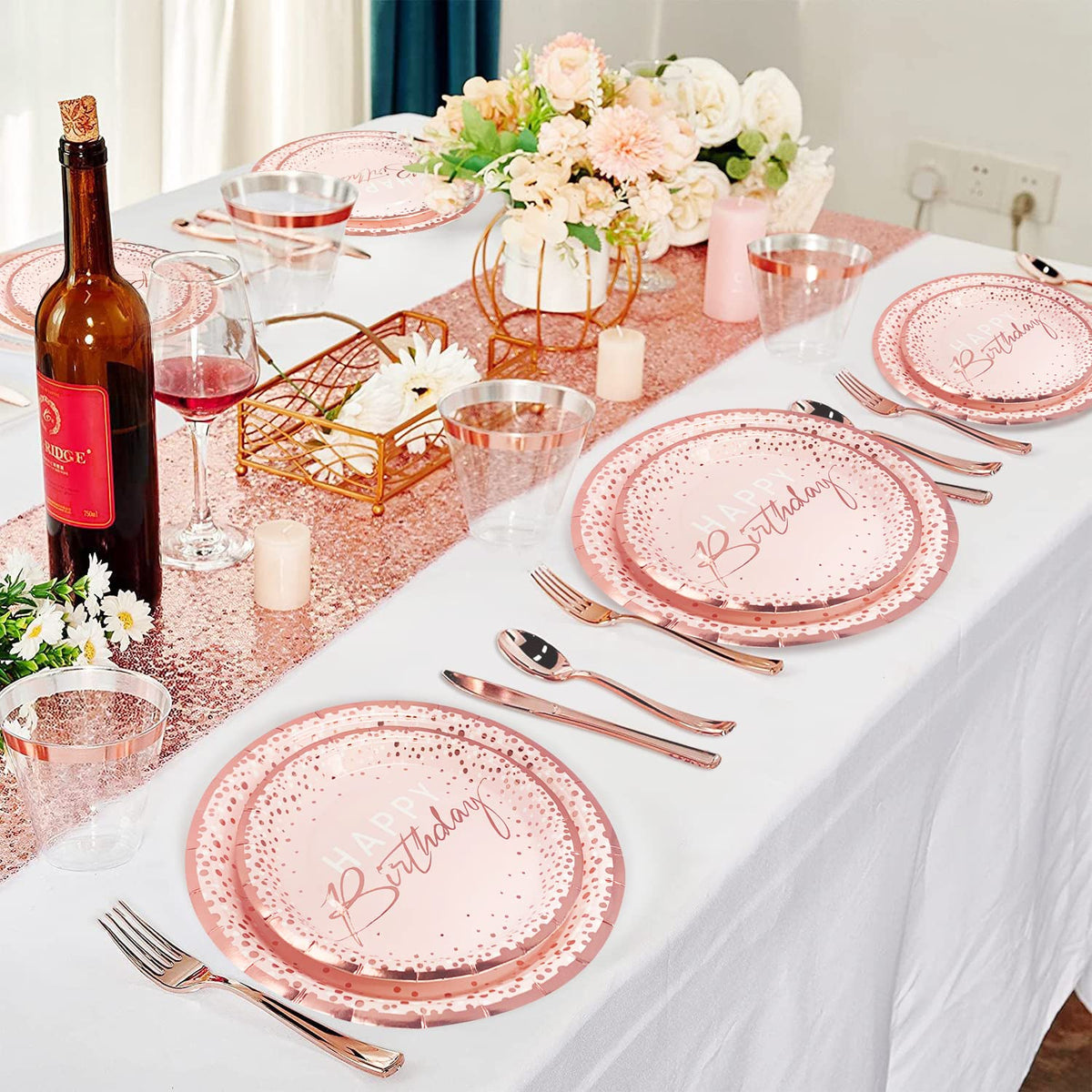175PCS Pink and Rose Gold Birthday Paper Plates Dinnerware - Tyzarglef Official Imagery - 7