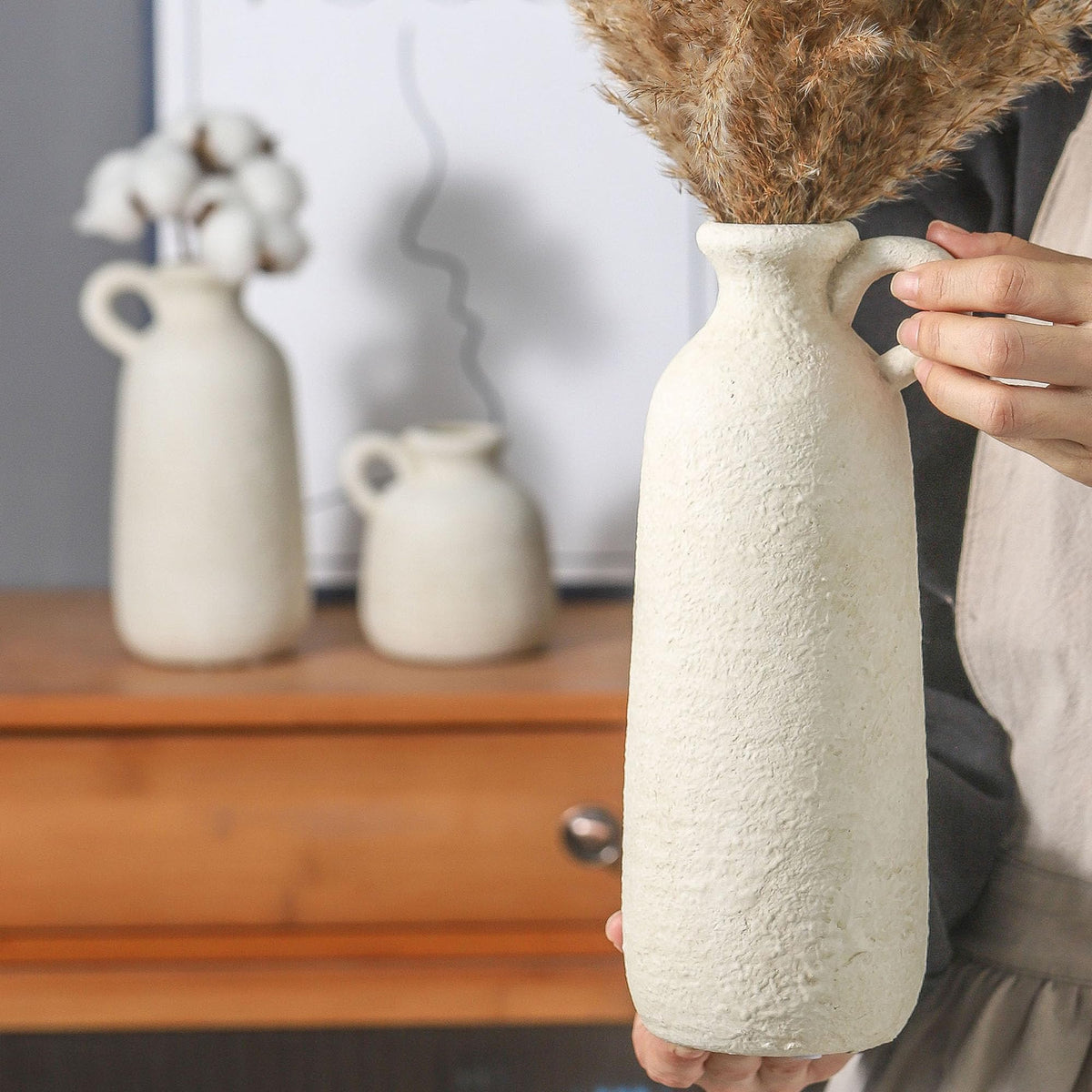 Ceramic Vase Set of 3 with Handle Neutral Rustic Vases Home - ooit Official Imagery - 4