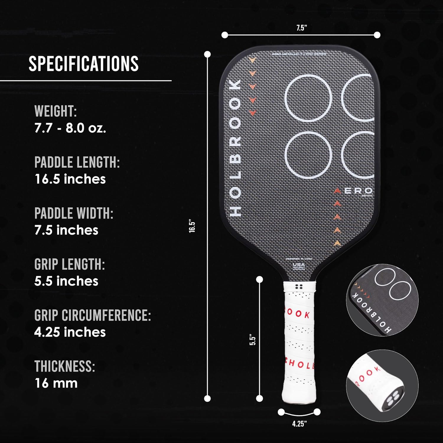 Holbrook Aero Series Edgeless Pickleball Paddle with carbon fiber surface and USAPA approval, shown in a close-up shot.