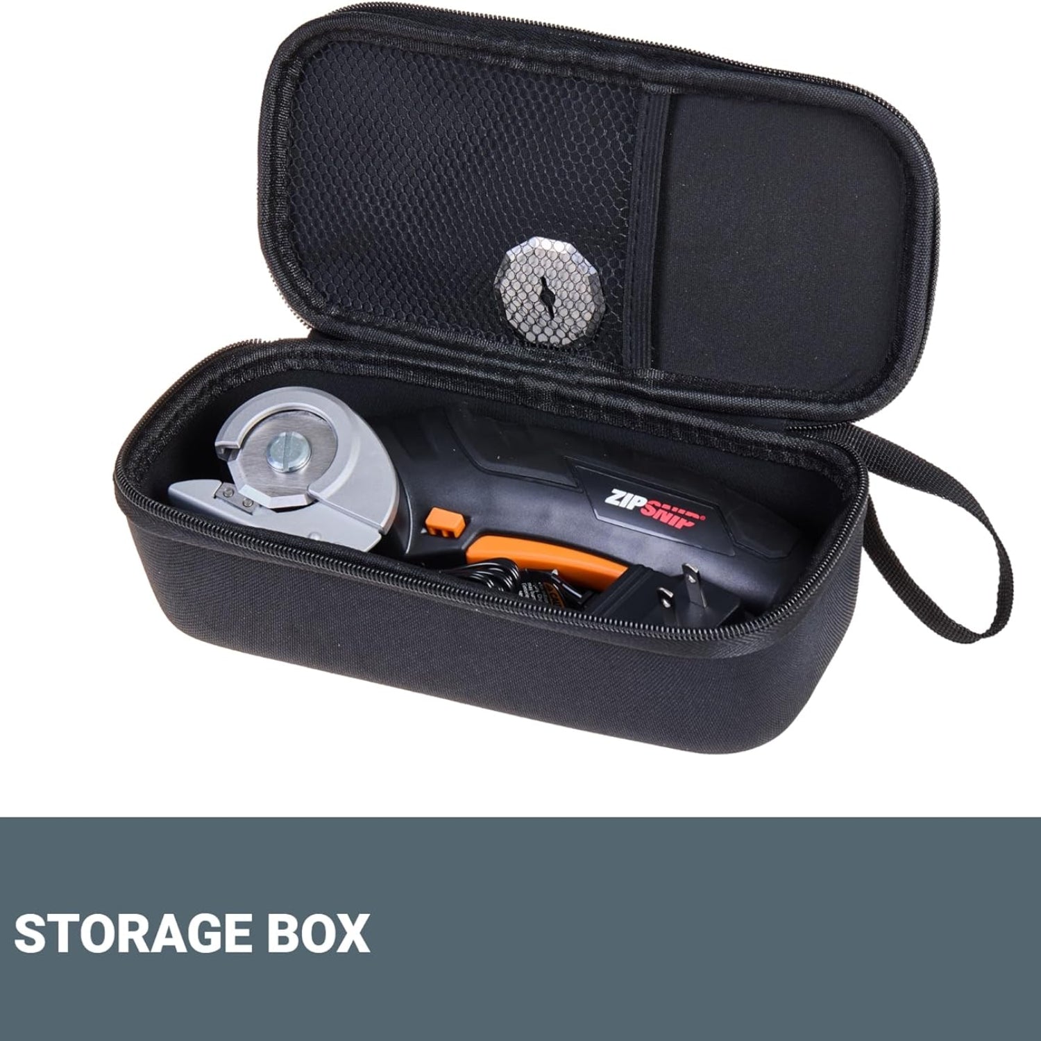 Elefair Worx Zipsnip cordless electric scissors cutting cardboard box, rechargeable and portable for easy packaging and craft work.