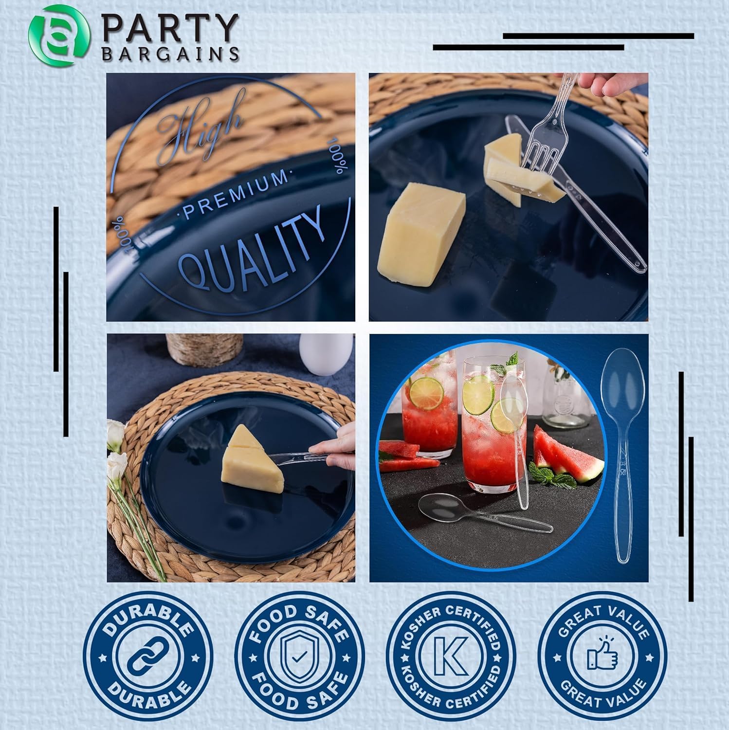 Party Bargains sapphire disposable cutlery set with 180 forks, 120 spoons, and 60 knives in clear plastic for parties and events.