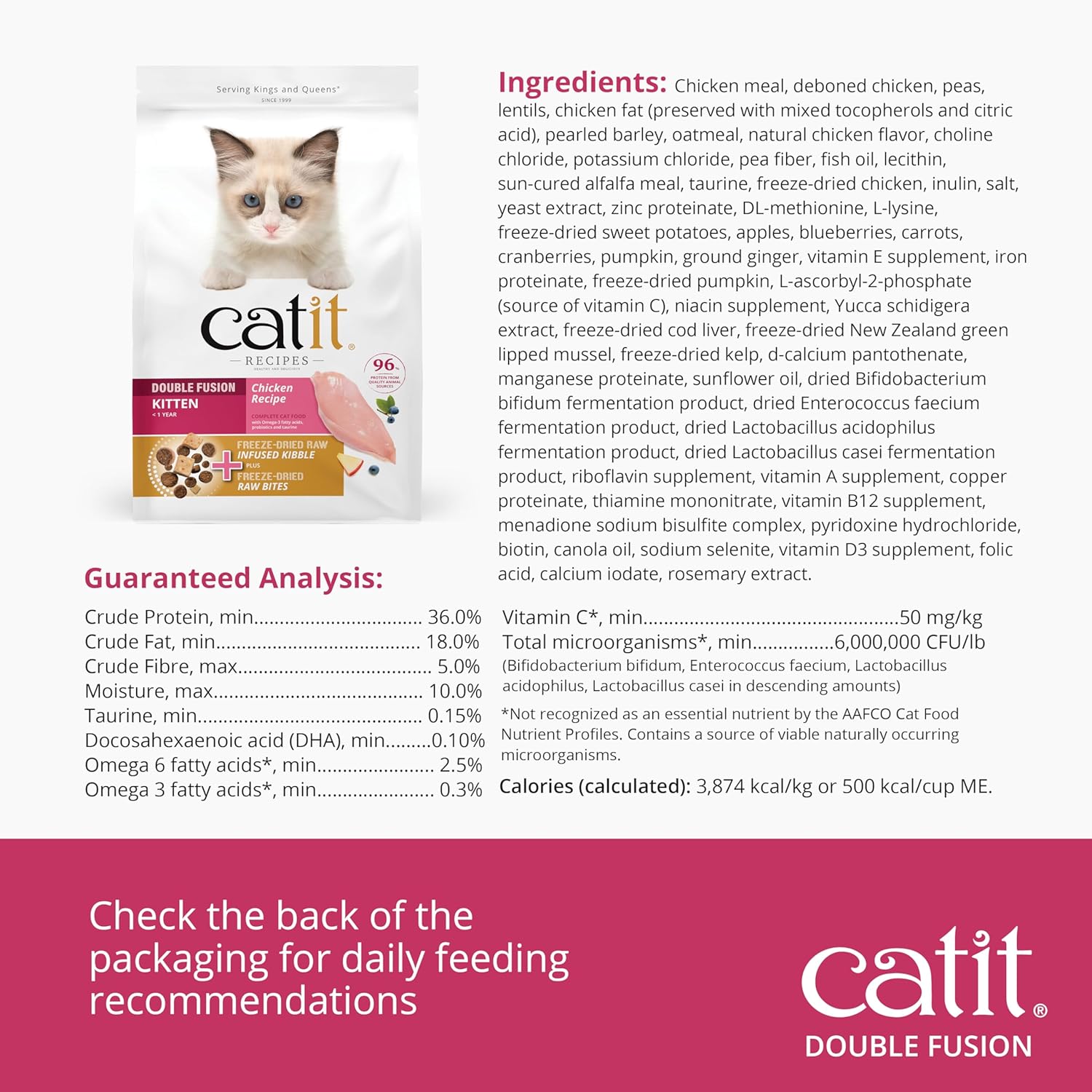 Catit Recipes Double Fusion Kitten Food with chicken recipe and 96% animal protein, featuring the product packaging and food bowl.
