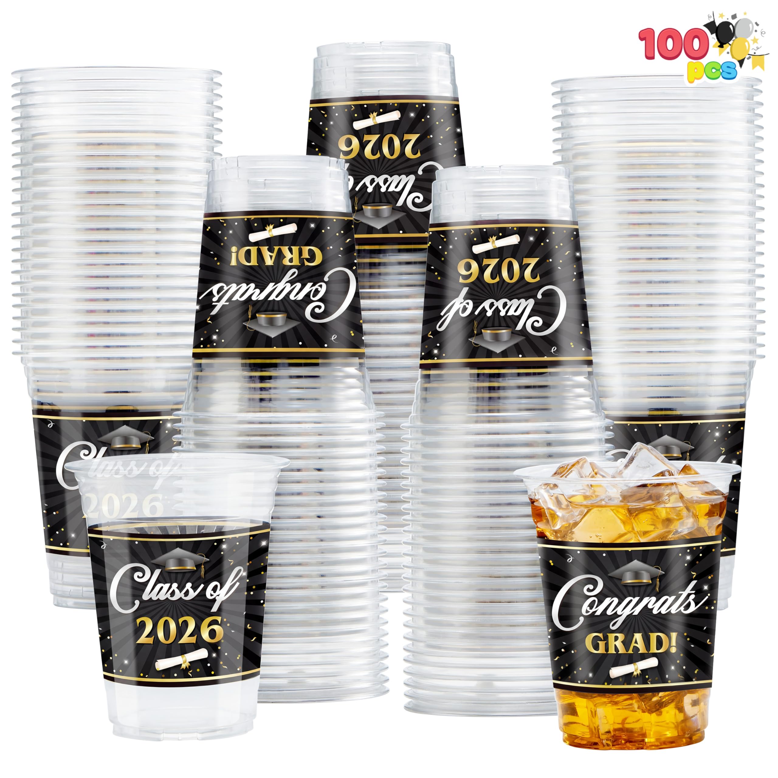 JOYIN 100 Pcs 16oz Graduation Cups Party Plastic Cups, Class of - Product Imagery