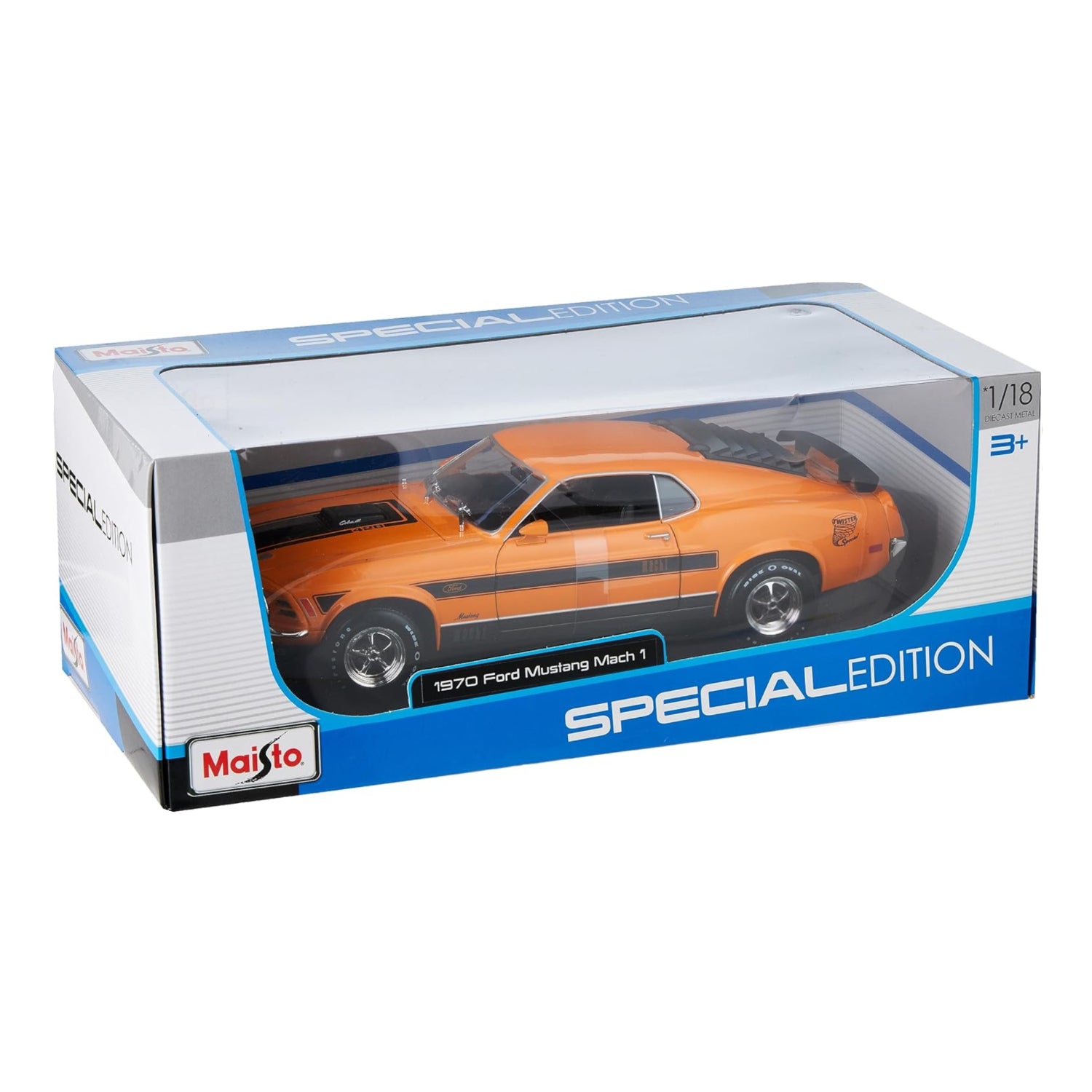 Orange Maisto 1:18 scale 1970 Ford Mustang Mach 1 diecast model car with detailed exterior features.
