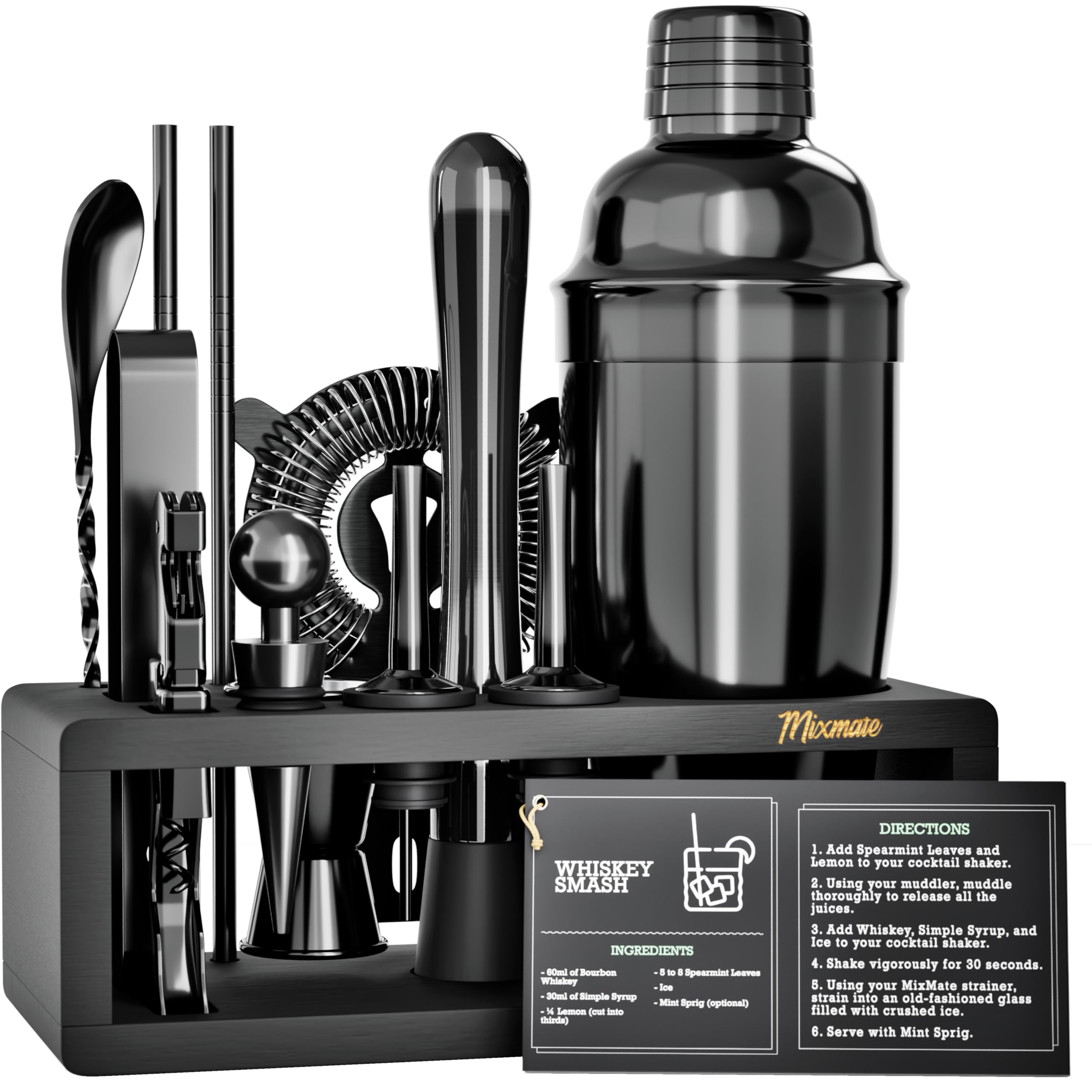 MixMate Mixology Bartender Kit with Stand - 15 Piece Bar Tool Set, Silver Bar Se - MixMate Official Product View 10