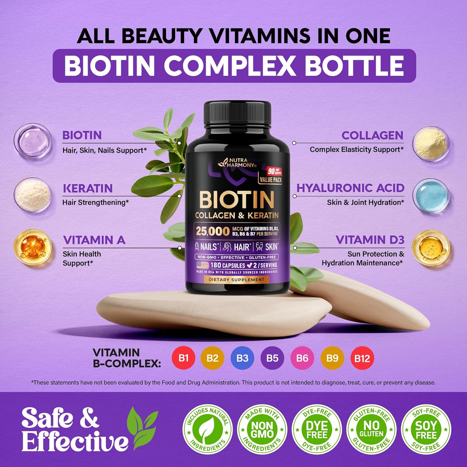 NUTRAHARMONY Biotin, collagen, hyaluronic acid, and keratin capsules supporting normal hair growth cycle, made in USA, 180 capsules