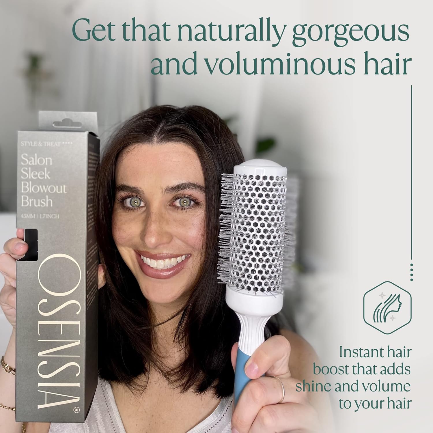Osensia medium round ceramic hair brushing brush with 43 mm barrel for smooth, salon-style styling on all hair types.