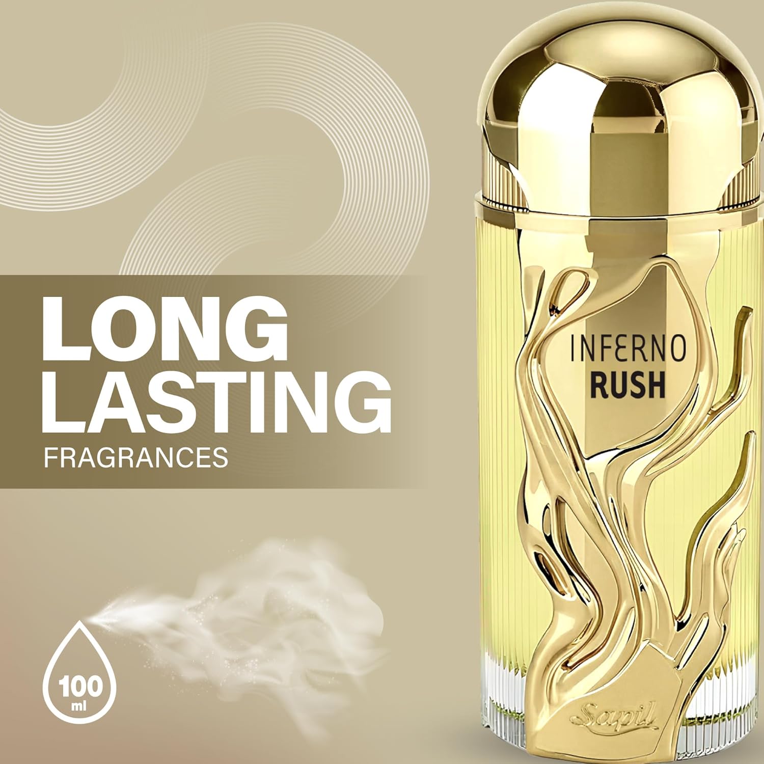 Sapil Inferno Rush unisex Eau de Parfum with bold fruity and woody notes, featuring mango in a sleek perfume bottle.