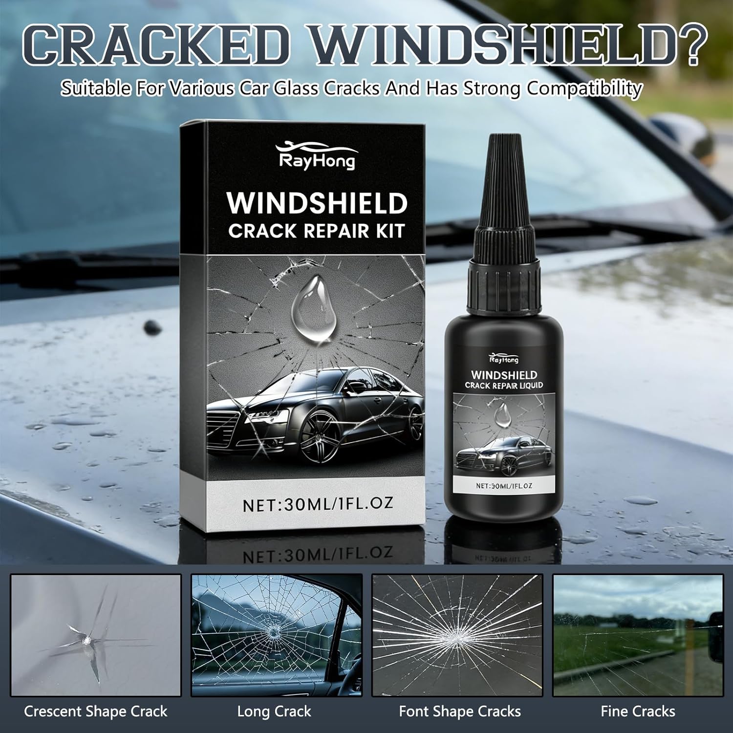 KEBEGE Windshield Crack Repair Kit for DIY glass repair, includes tools for quick and effective windshield crack fixing.