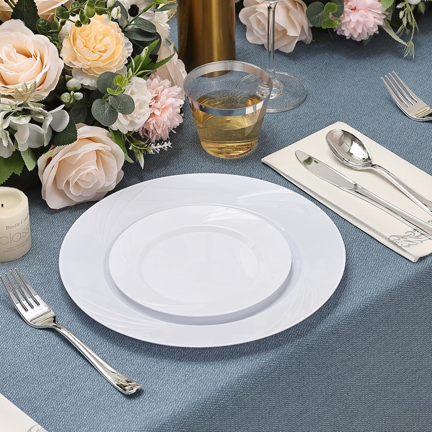 White swirls plastic dinner plates from VajilaPhil, 350-piece dinnerware set for 50 guests, durable and elegant for gatherings
