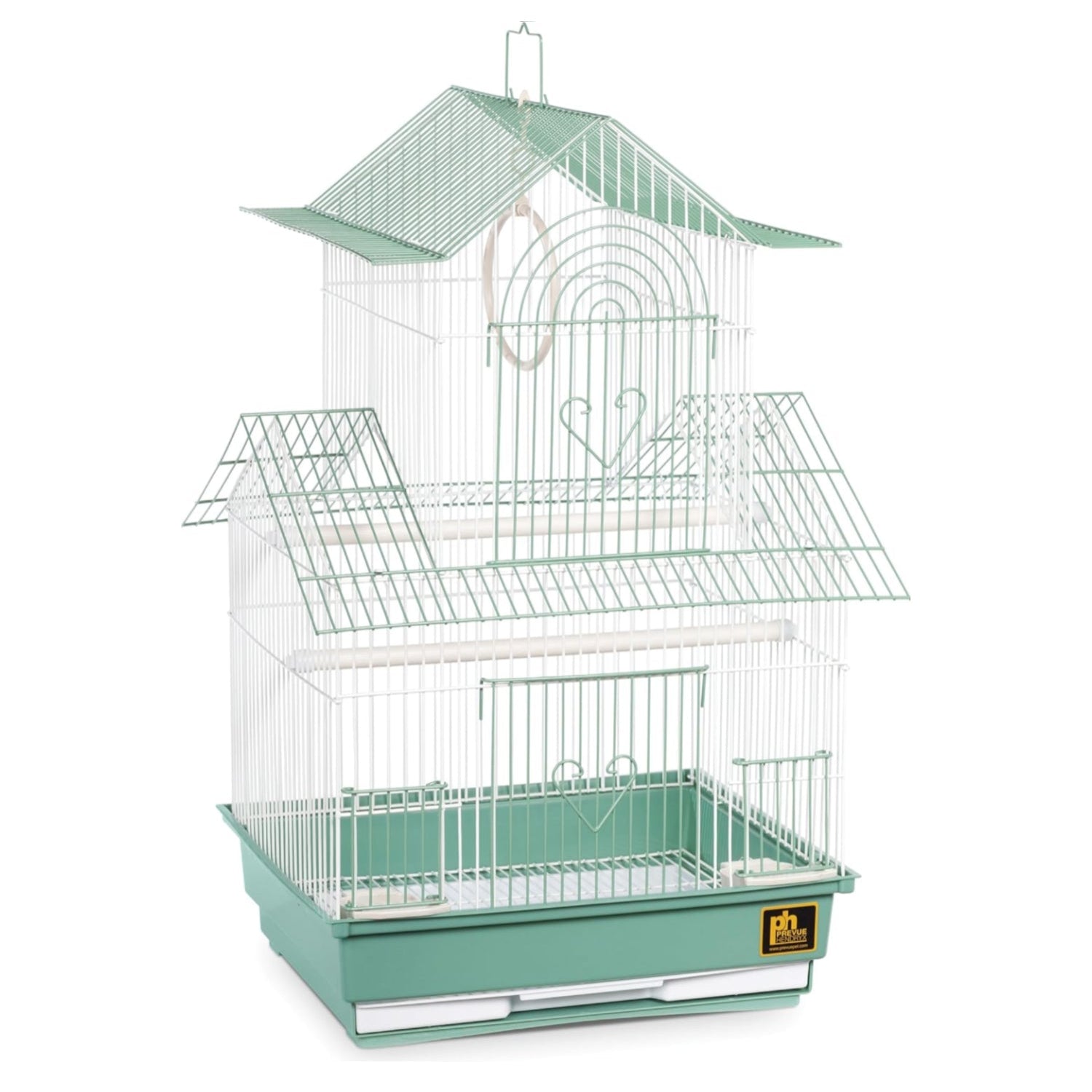 Prevue Hendryx Shanghai Parakeet Cage in green and white with metal perches and food dishes for small pet birds.